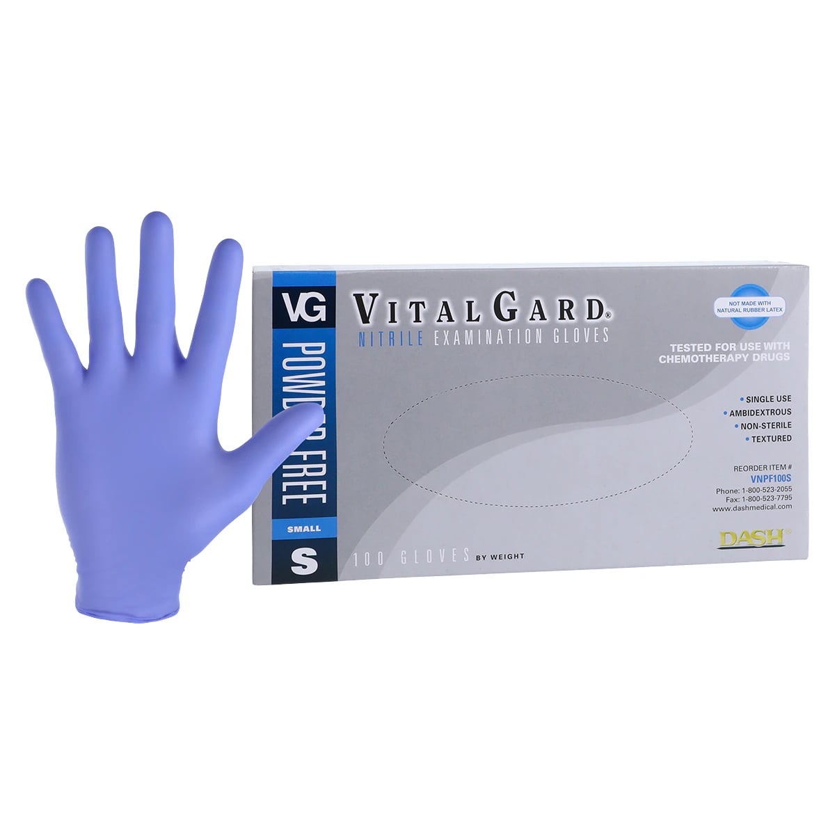 VitalGard Nitrile Exam Gloves, Powder Free, Latex Free, Small, Blue, 100/Box, VNPF100S