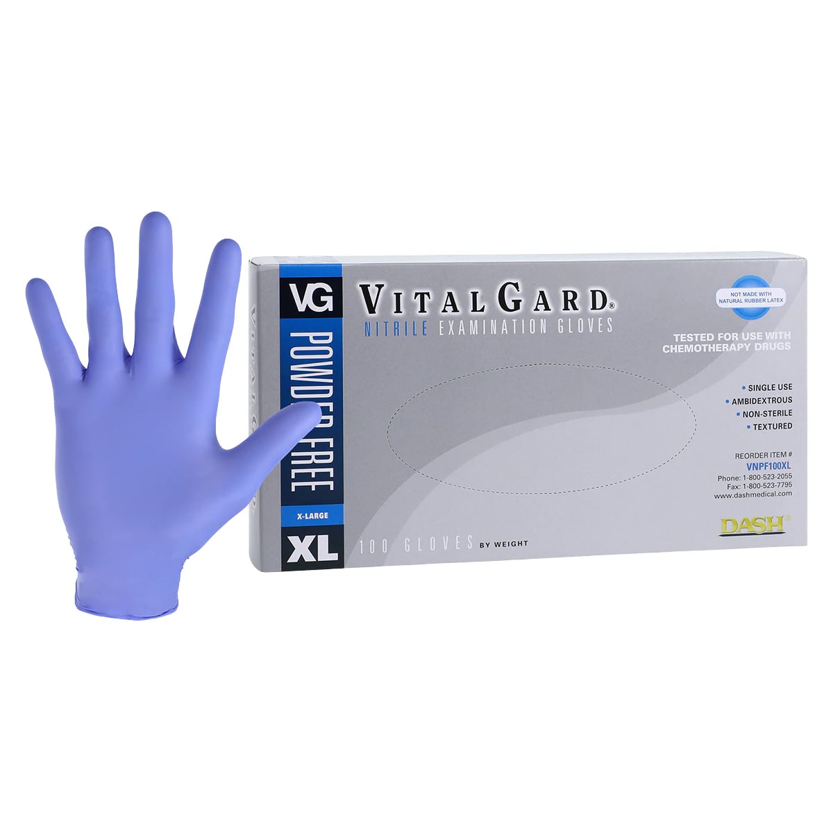 VitalGard Nitrile Exam Gloves, Powder-Free, Latex-Free, Textured, Blue, Extra Large, 100/Box, VNPF100XL