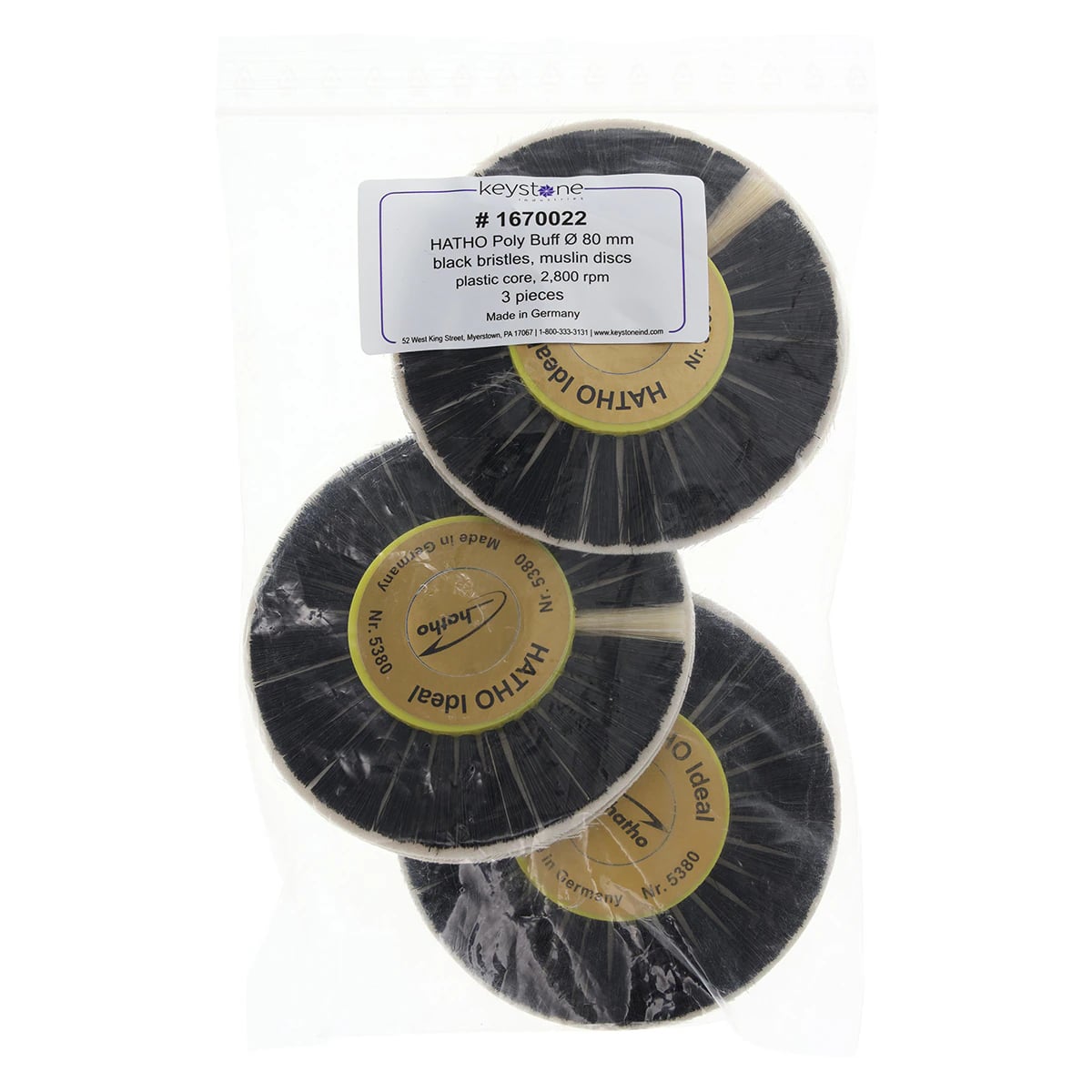Keystone Hatho Poly Buff, 3" Diameter, 1,400 RPM, Muslin Cloth, Pack of 3