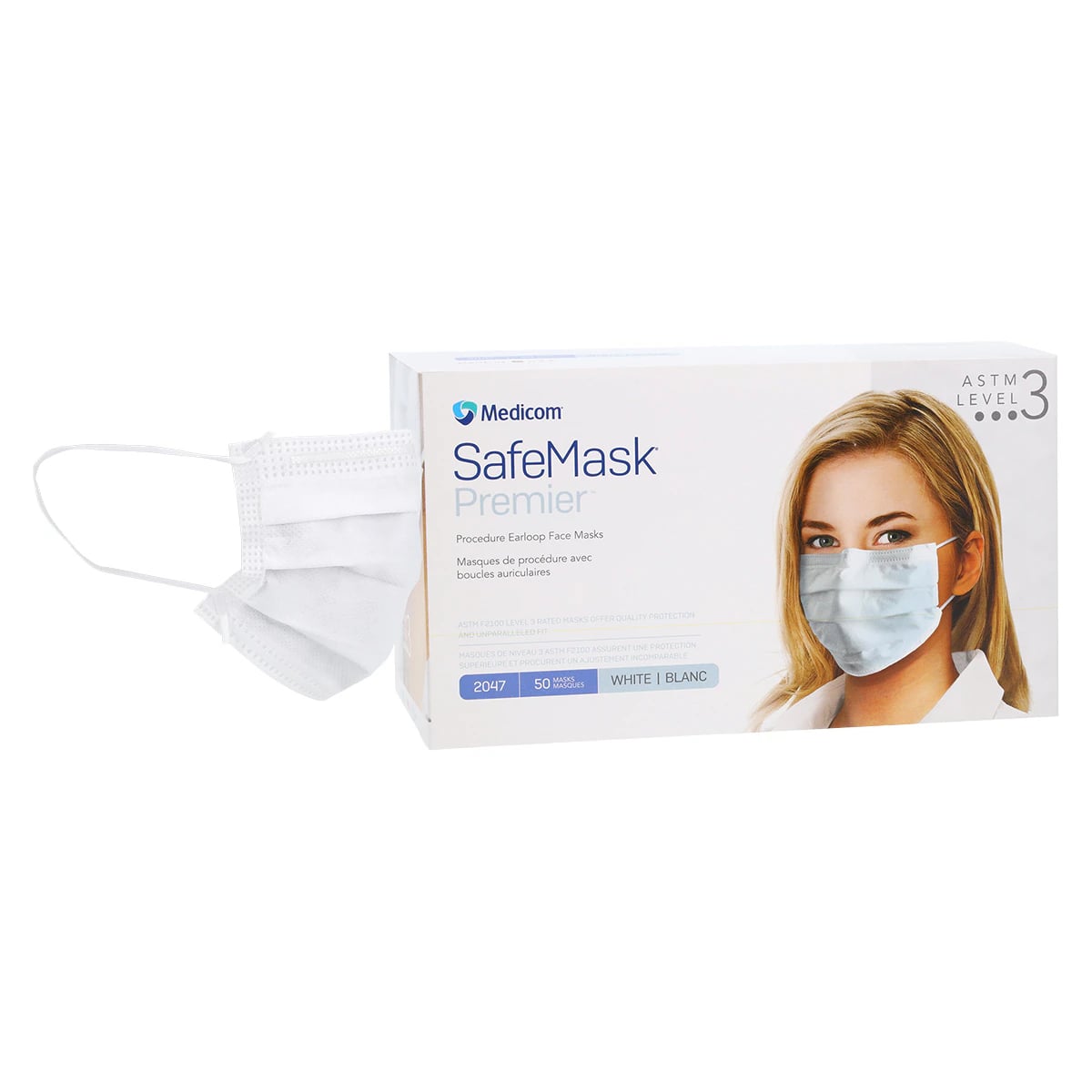 SafeMask Premier Elite Procedure Earloop Face Mask, ASTM Level 3, White, 50/Box, 2047