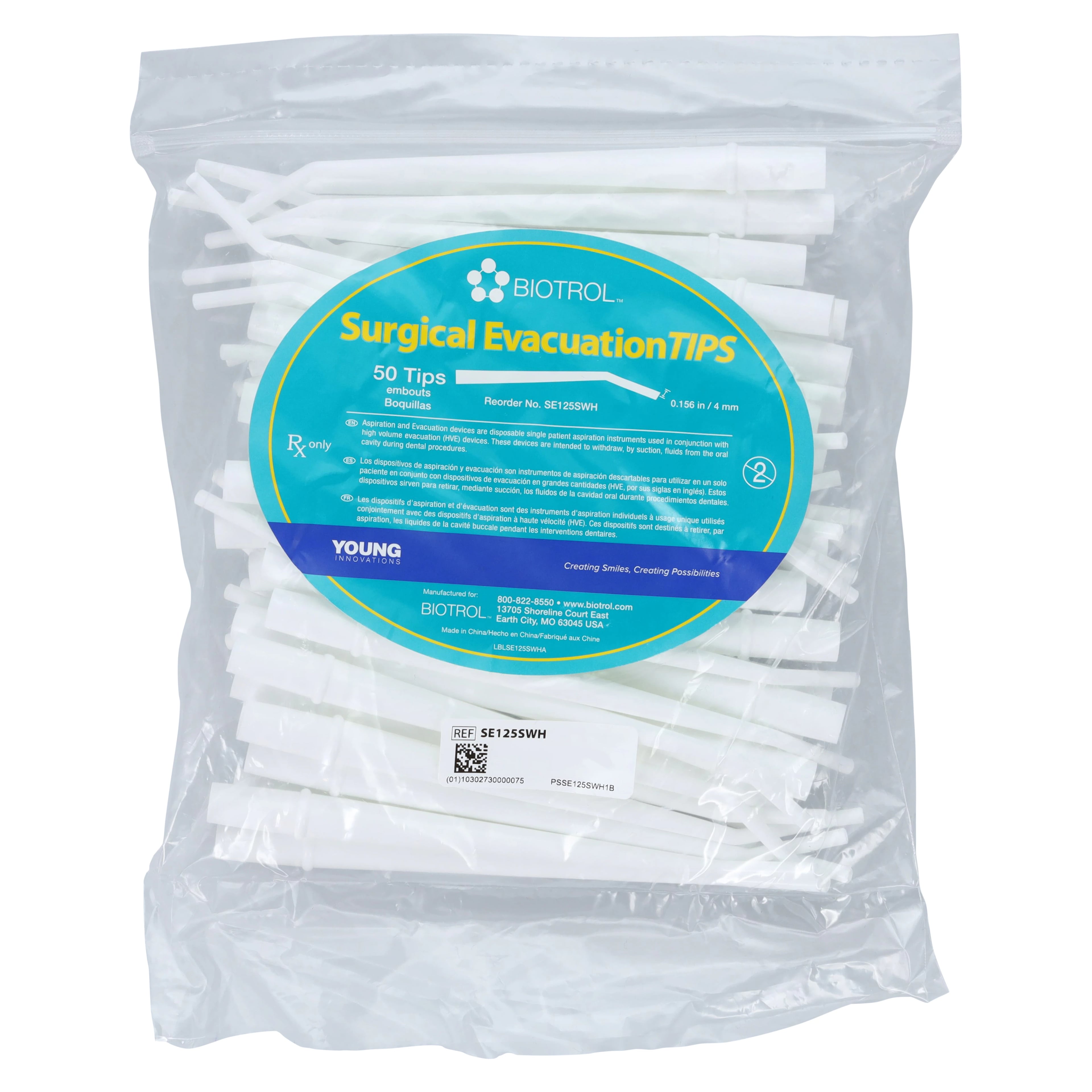 Biotrol Surgical Evacuation Tips, White, 0.16" (4mm), 6.5" Long, 50/Pkg, SE125SWH