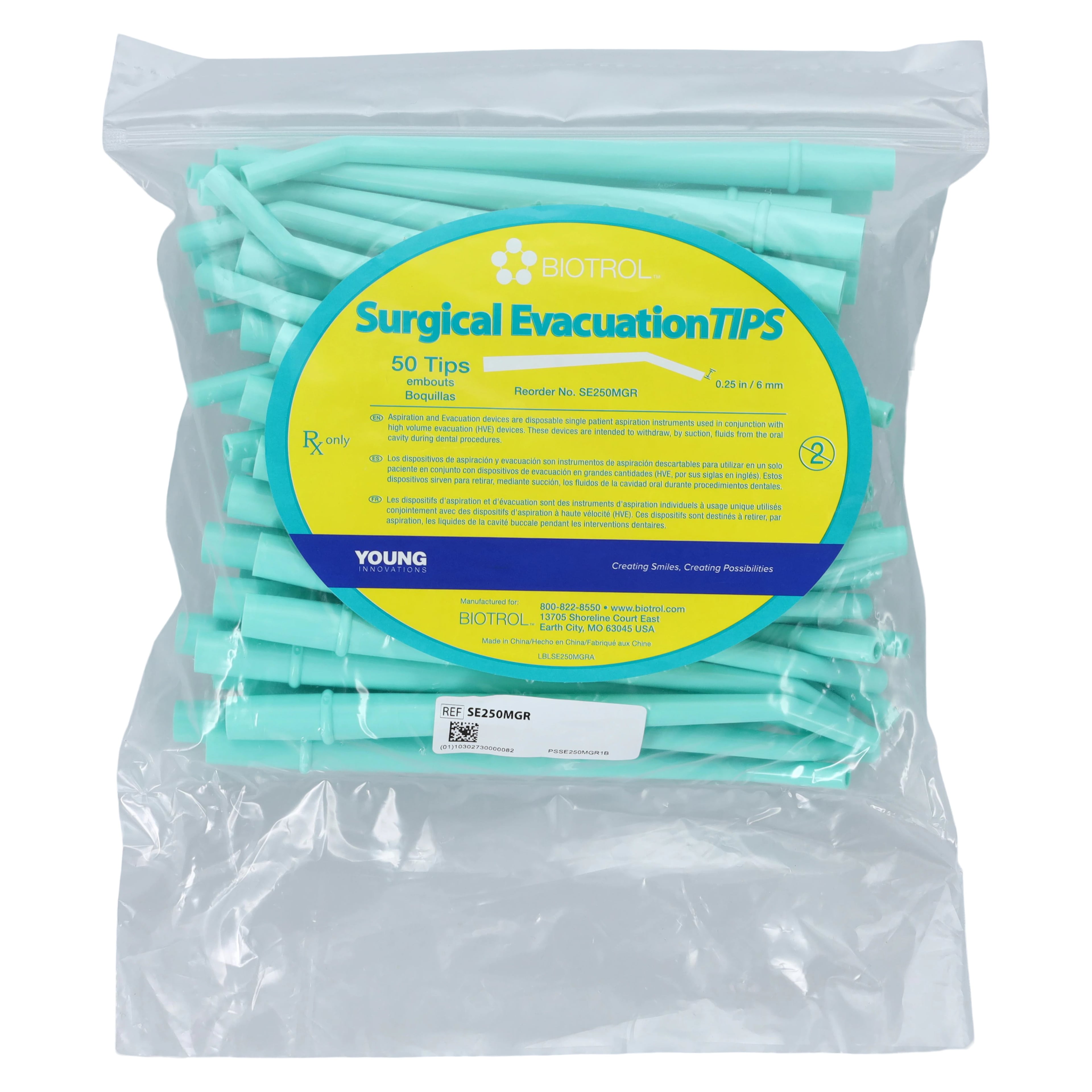 Biotrol Surgical Evacuation Tips, 0.25" (6.4mm), Green, 50/Pkg, SE250MGR