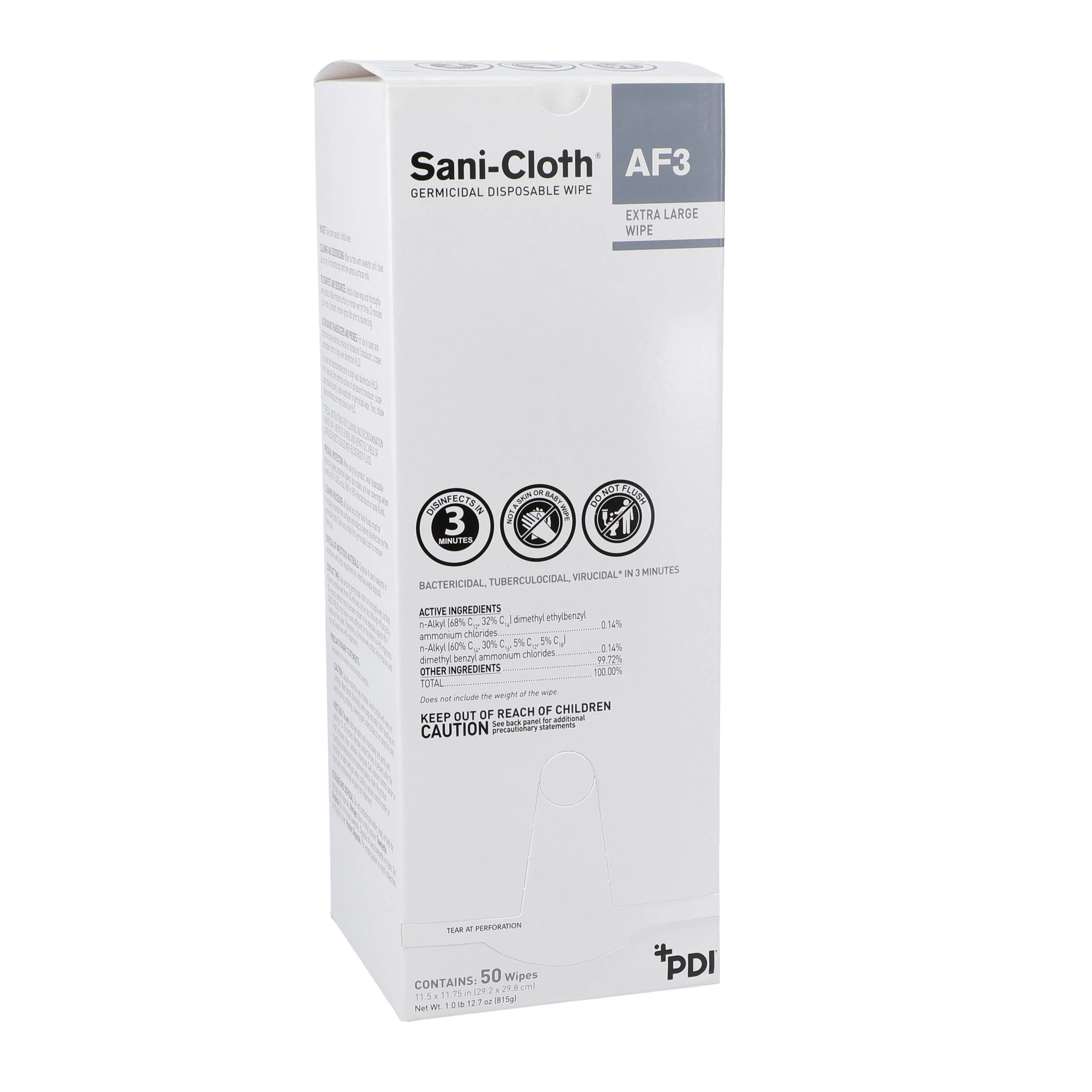 PDI Sani-Cloth AF3 Germicidal Disposable Wipes, X-Large, 11.5" x 11.75", Alcohol & Fragrance Free, 50/Packet, U27500