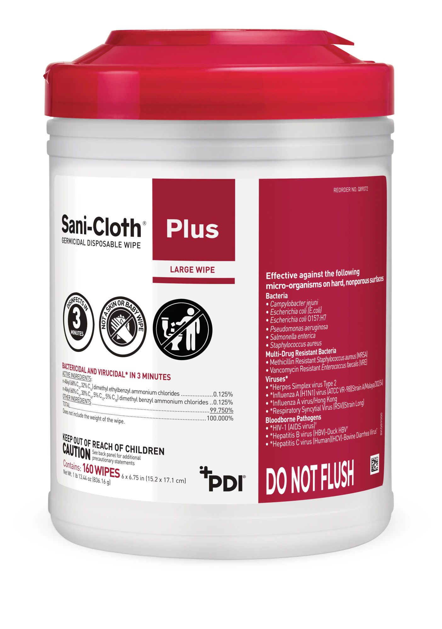 PDI Sani-Cloth Plus Germicidal Disposable Surface Wipes, Large, 6" x 6.75", 160 Wipes/Canister, Q89072