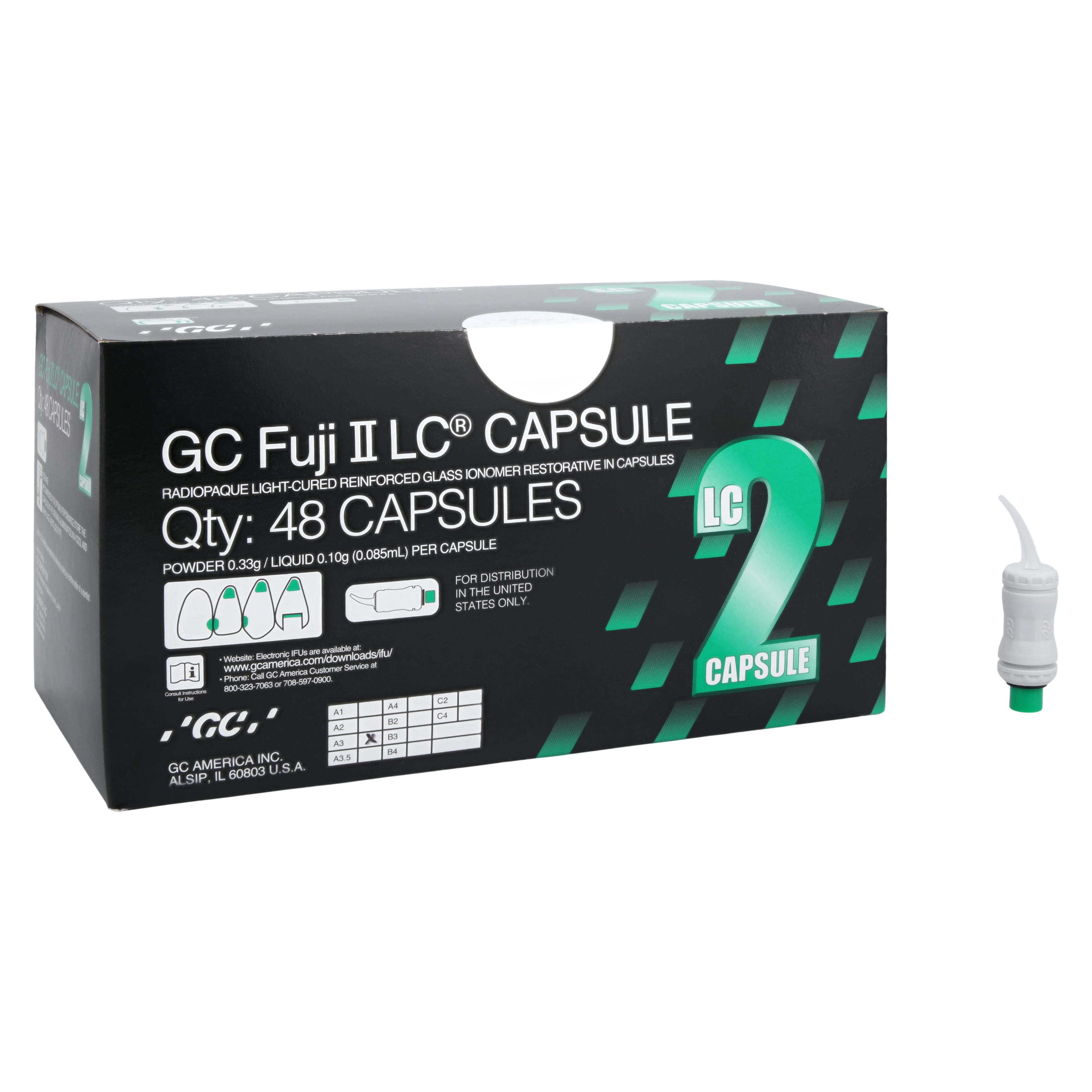 GC Fuji II LC Light-Cure Resin-Reinforced Glass Ionomer Restorative Capsules, Shade A3, 0.1 ml, 48/Pk, 425003