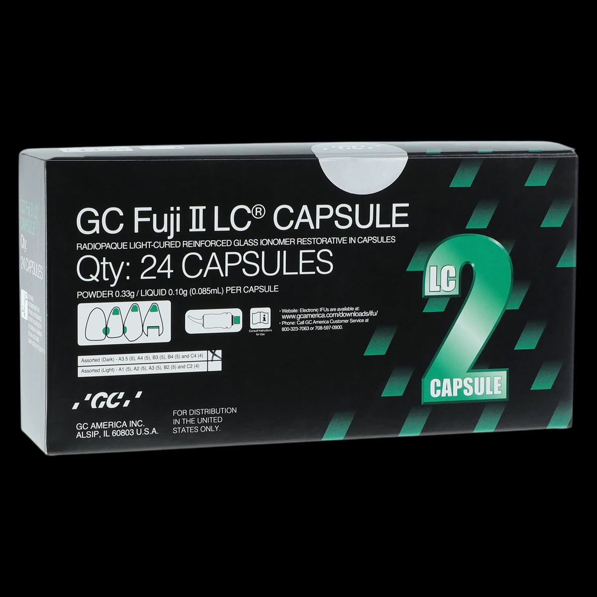GC Fuji II LC Light-Cure Resin-Reinforced Glass Ionomer Restorative Capsules, Dark Shade Assortment (A3.5, A4, B3, B4, C4), 24/Pk, 425020