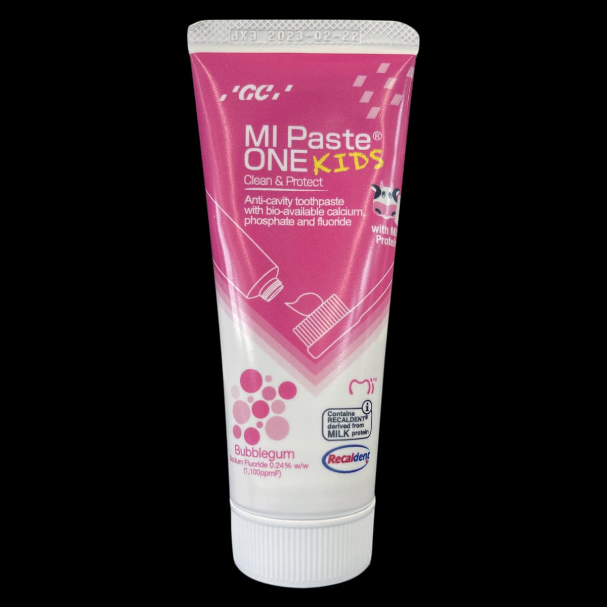 MI Paste ONE Kids Bubblegum Toothpaste, 0.2% Sodium Fluoride with RECALDENT (CPP-ACP), 46 g Tube, 10/Box, 437150