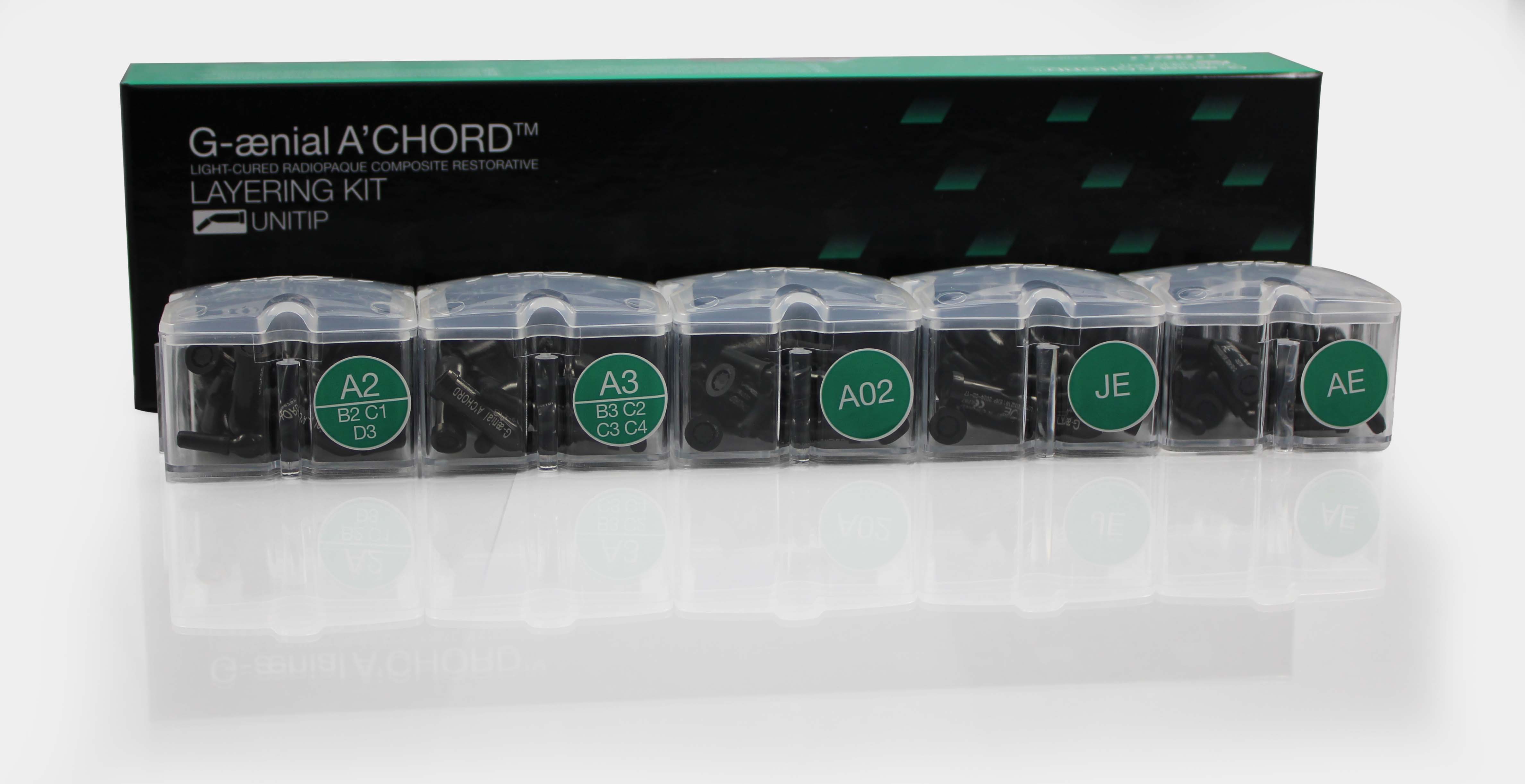 G-aenial A'CHORD Universal Composite Unitip Layering Kit, 75 x 0.16 mL Unitips, 15 Each of A2, A3, AO2, AE, JE, 952263