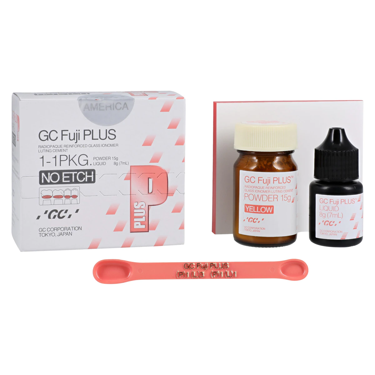 GC Fuji PLUS Resin-Reinforced Glass Ionomer Luting Cement, Powder/Liquid 1:1 No-Etch Package, 15 g Powder & 7 mL Liquid, 431101