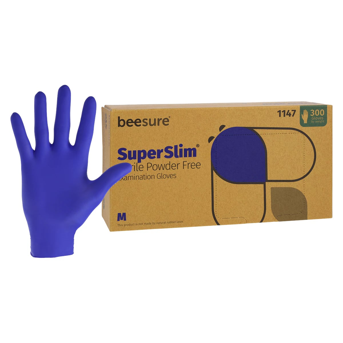 BeeSure SuperSlim Nitrile Examination Gloves, Powder-Free, Medium, Cobalt Blue, 300/Box, BE1147