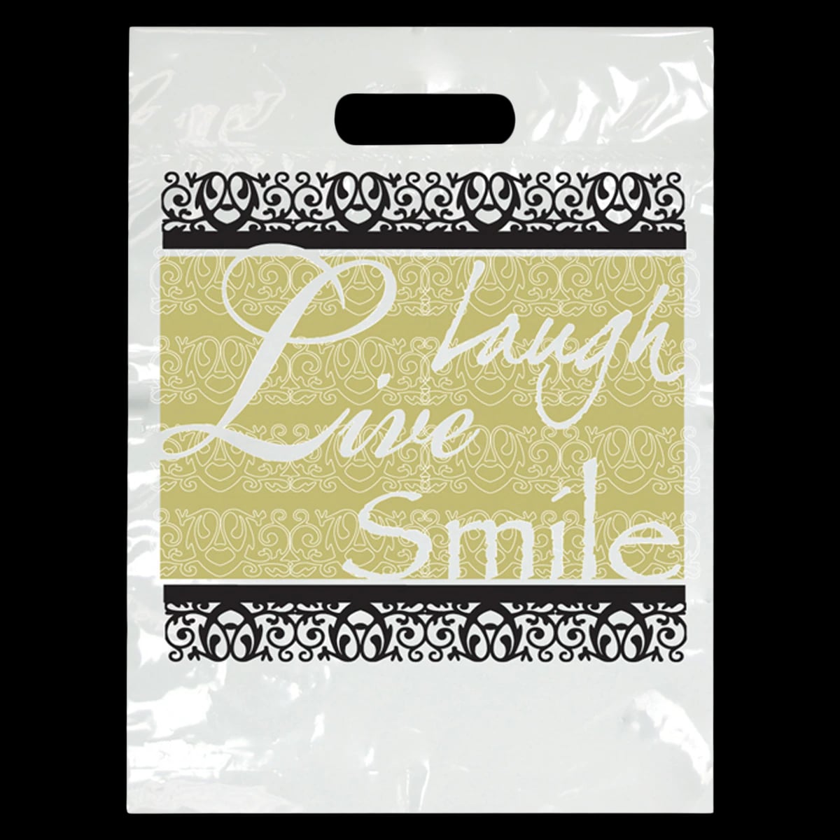 Sherman Specialty Fancy Laugh Take-Home Bags, Laugh Live Smile, White, 9" x 13", 100/Pkg, LBG98