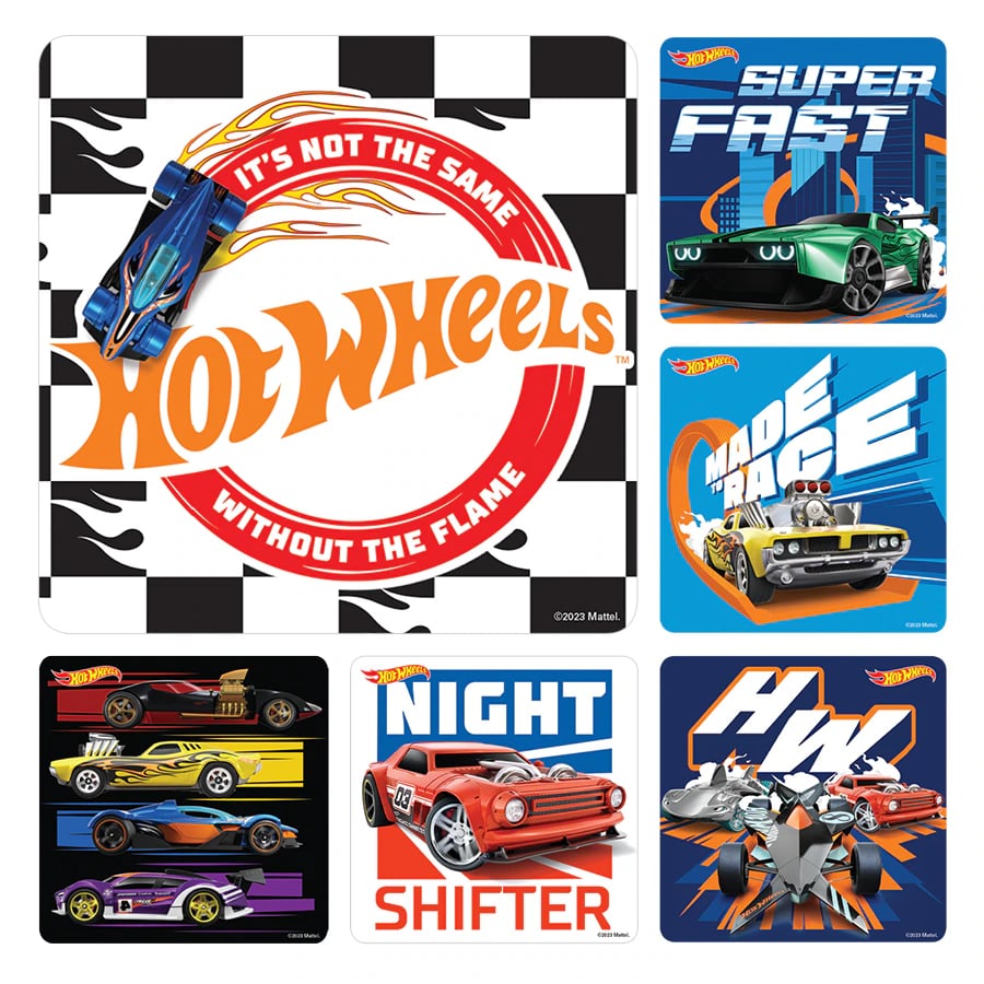 Hot Wheels Cars Assorted Stickers, 100 per Roll, 2.5" x 2.5", PS761