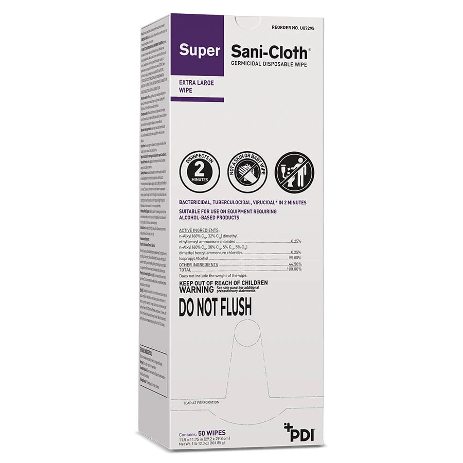 Super Sani-Cloth Germicidal Disposable Surface Wipes, X-Large, 11.5" x 11.75", Individual Packets, 50/Box, U87295