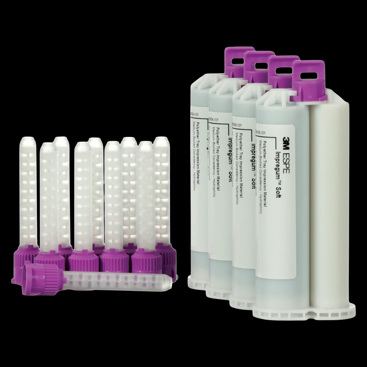3M Impregum Garant Soft Polyether Tray Impression Material Refill, Medium Body, Purple, 4 x 50 mL Cartridges with 10 Mixing Tips, 31785