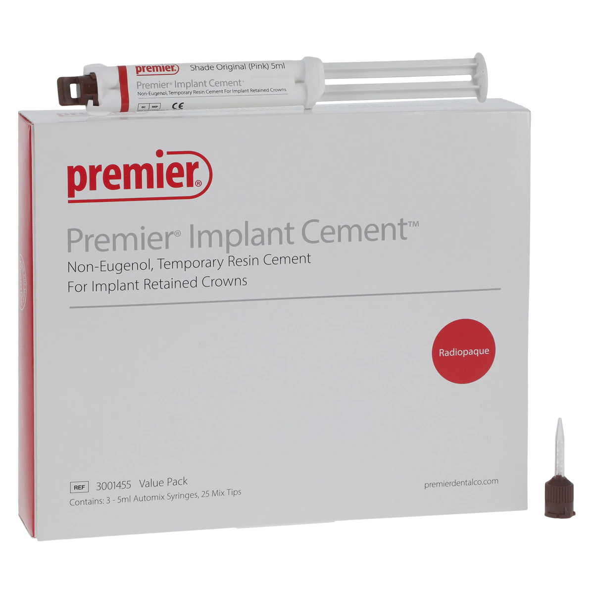 Premier Implant Cement Value Pack, Non-Eugenol Temporary Resin Cement, 3 x 5 ml Automix Syringes with 25 Mixing Tips, 3001455