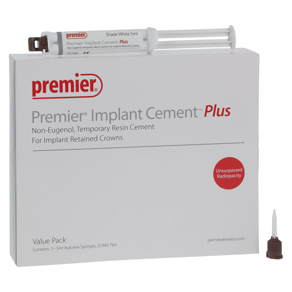 Premier Implant Cement Plus Value Pack, White, 3 x 5 mL Automix Syringes with 25 Mixing Tips, 3001556