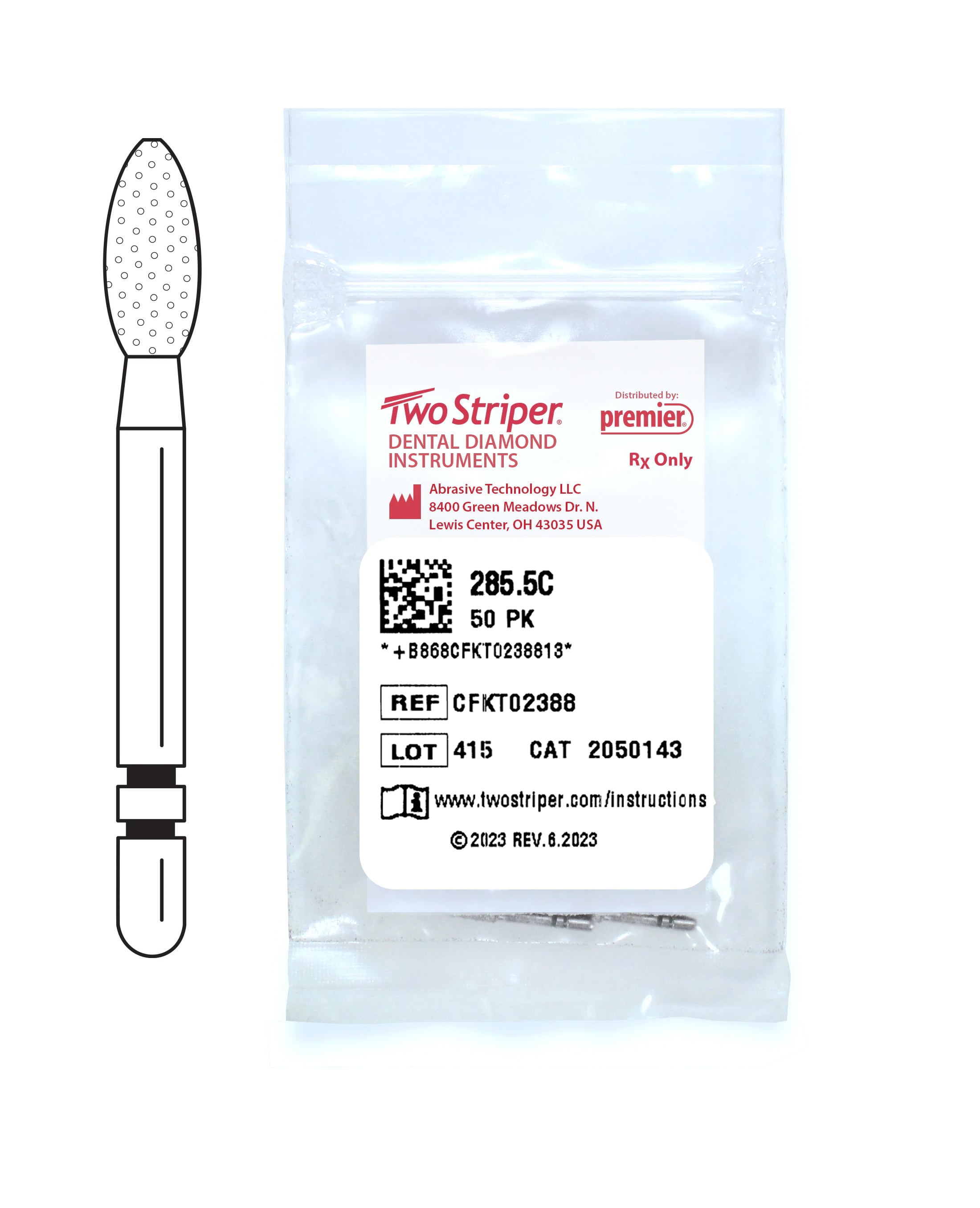 Two Striper® Diamond Bur, Friction Grip, Coarse, Football #285.5C, 2.3 mm Major/0.7 mm Minor Diameter, 5.0 mm Length, Green, 50/Pkg