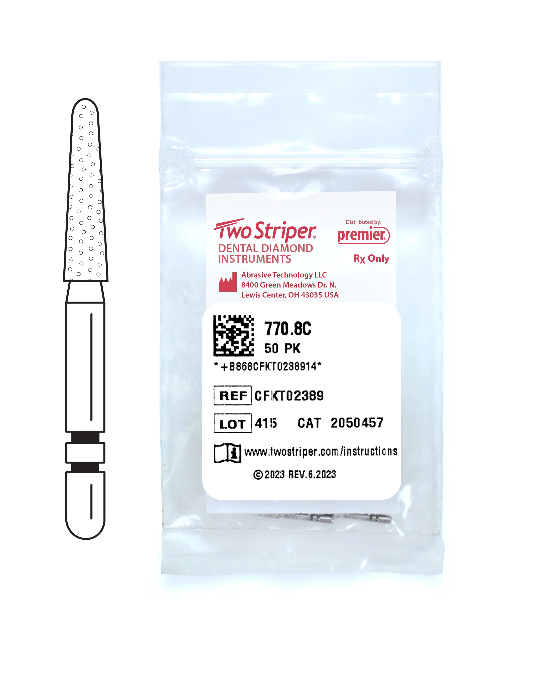 Two Striper Diamond Bur, Friction Grip, Coarse, Round End Taper, Green, #770.8C, 1.8 mm Major/1.3 mm Minor Diameter, 8.0 mm Length, 50/Pkg