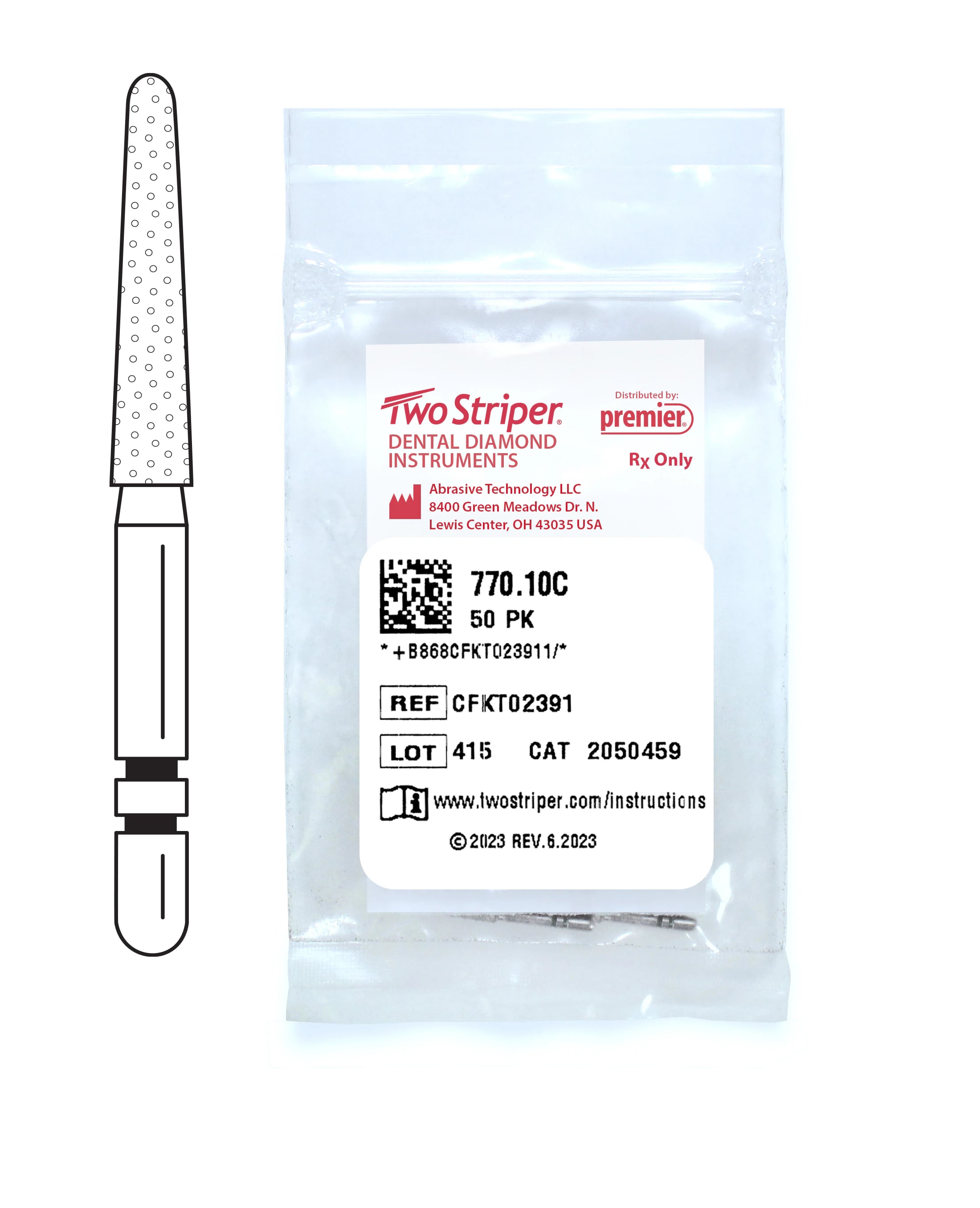 Two Striper Diamond Bur FG, Coarse, Round End Taper, #770.10C, 1.8 mm Major/1.1 mm Minor Diameter, 10 mm Length, 50/Pkg, 2050459