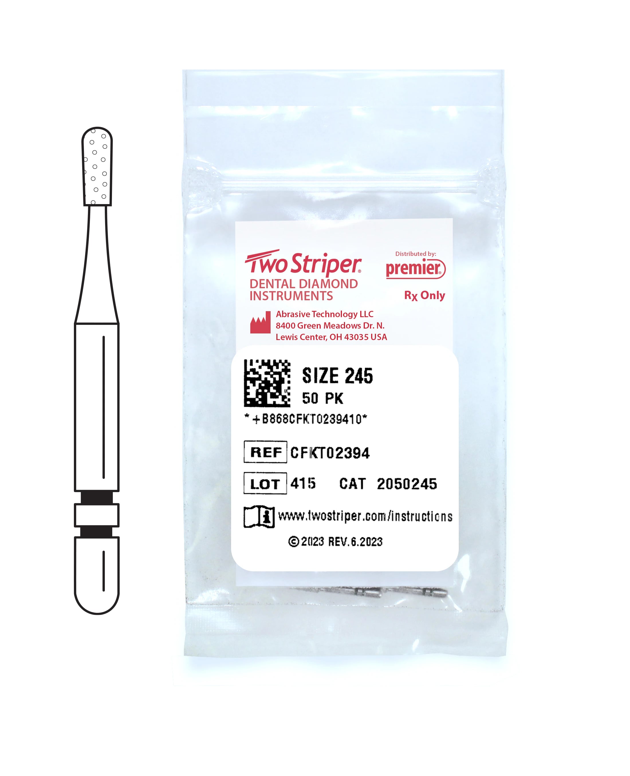 Two Striper® FG Operative Diamond Bur, Pear #245, Medium Grit, Blue Ring, 1.1 mm Major/0.9 mm Minor Diameter, 4.3 mm Length, 50/Pkg, 2050245