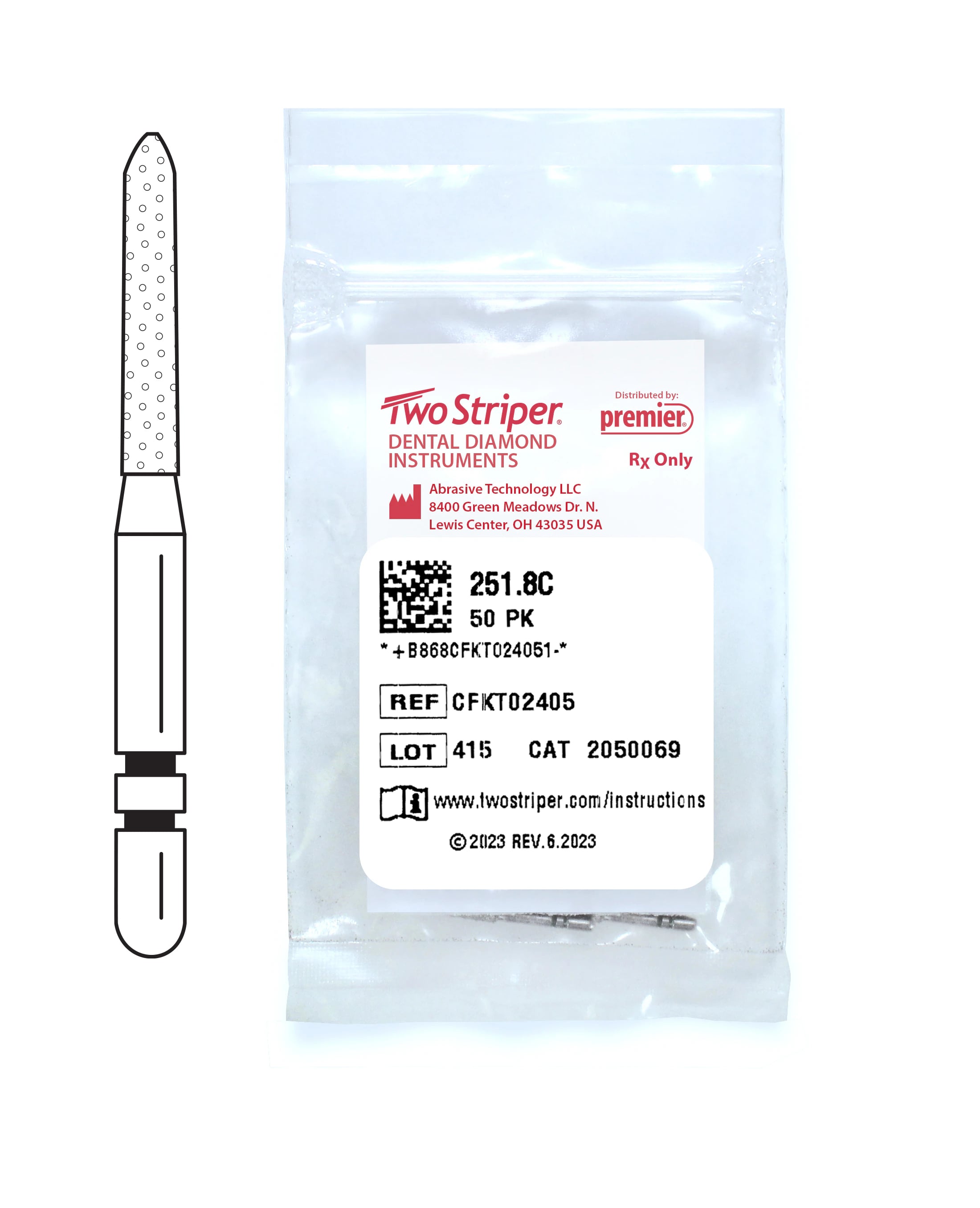 Two Striper® Diamond Bur, Friction Grip, Coarse, Green, Cylinder Bevel End, #251.8C, 1.2 mm Major/0.4 mm Minor Diameter, 8.0 mm Length, 50/Pkg