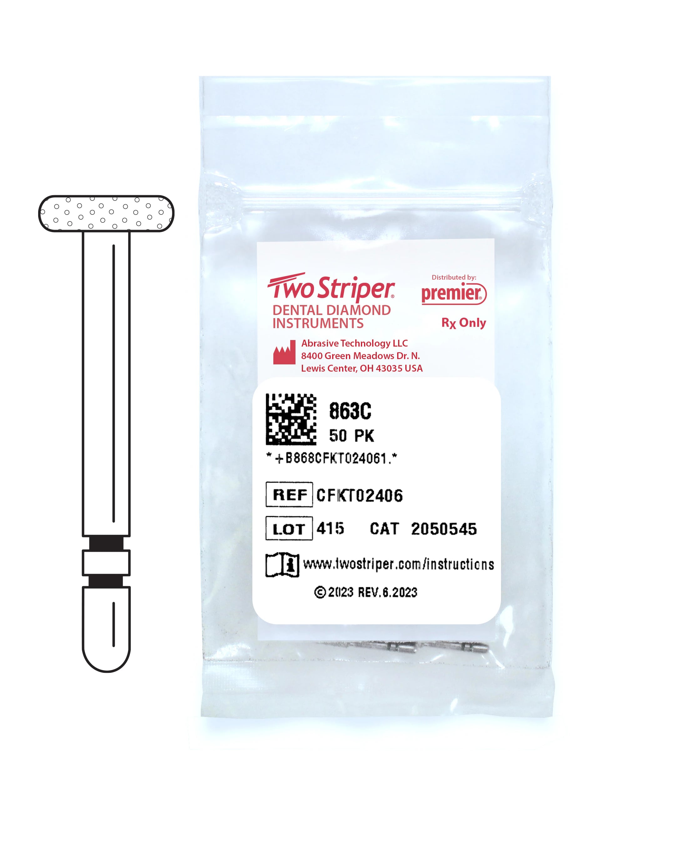 Two Striper® Diamond Bur #863C, Friction Grip, Coarse, Green, Wheel, 4.7 mm Diameter, 50/Pkg