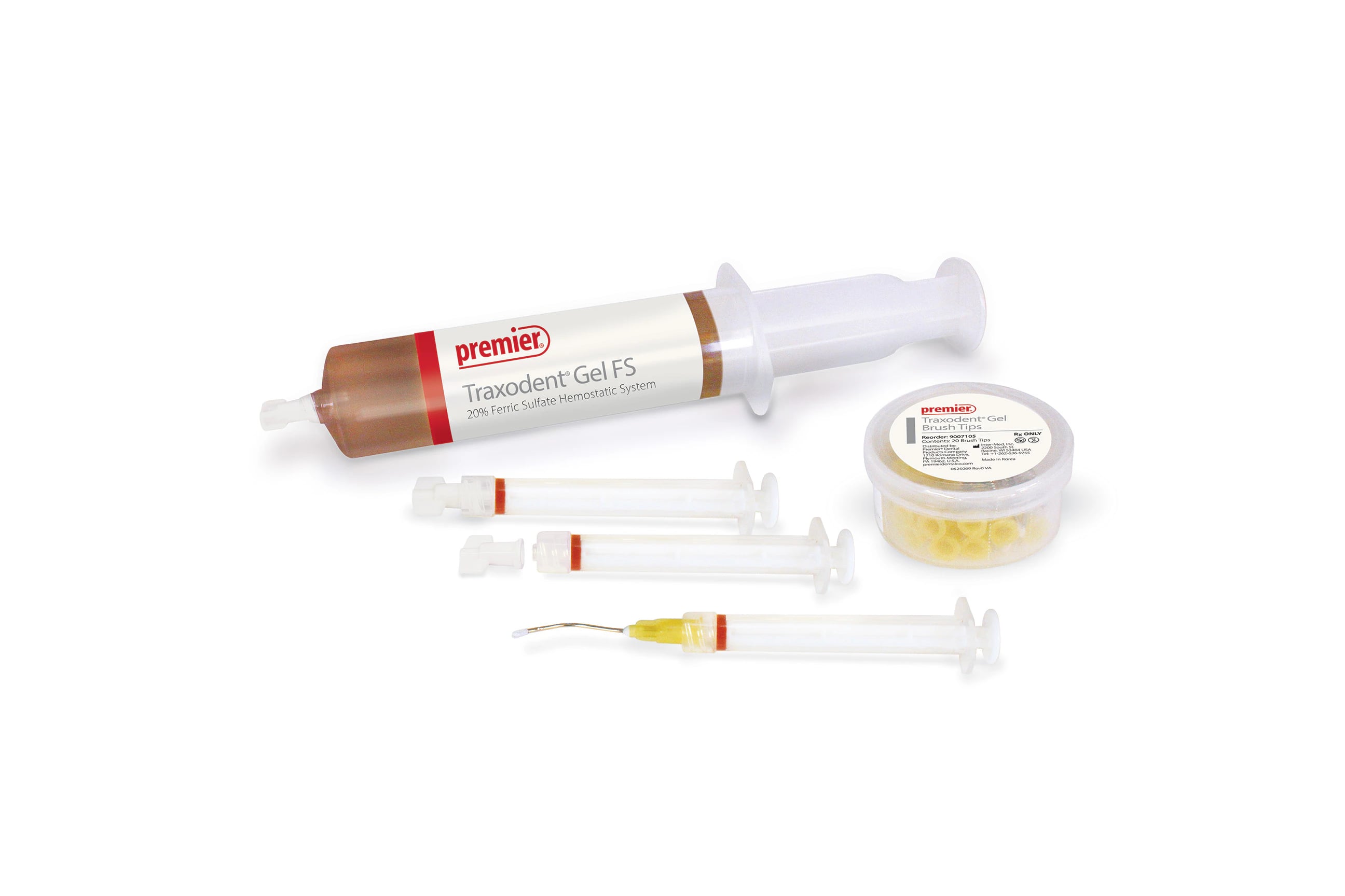 Traxodent Gel FS Starter Kit, 20% Ferric Sulfate Hemostatic System, 30 mL Bulk Syringe with 20 Brush Tips, 20 x 1.2 mL Syringes & Caps, Docking Port, 9007106