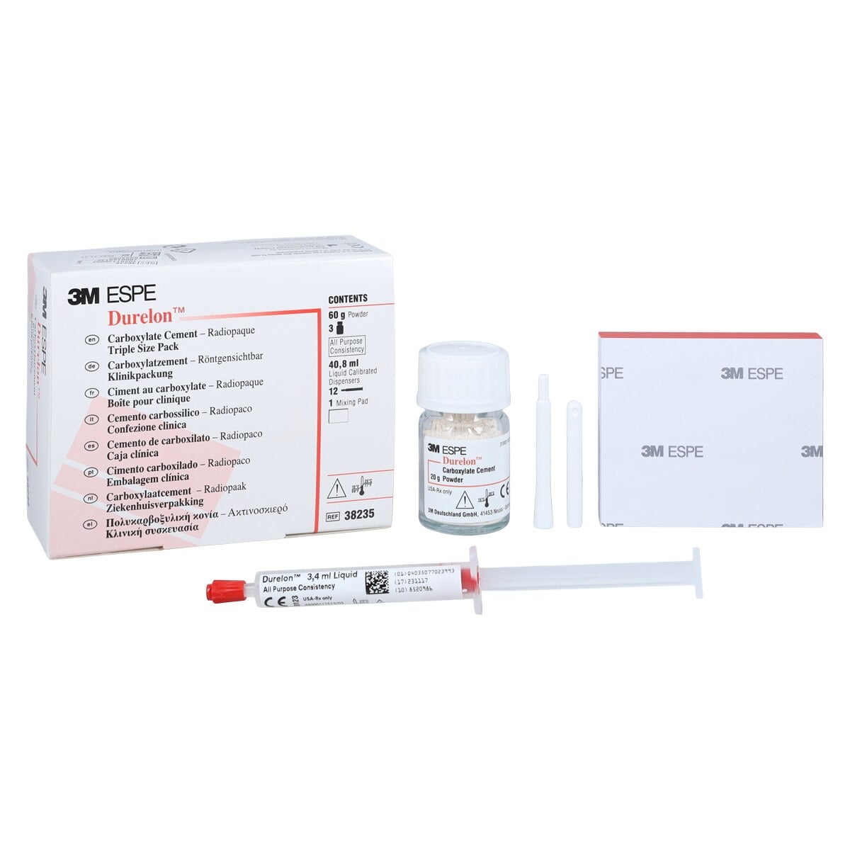 Durelon CD Carboxylate Luting Cement, Triple Pack, Regular Set, 3 x 20 g Powder, 40 mL Liquid CD Dispenser, 38235