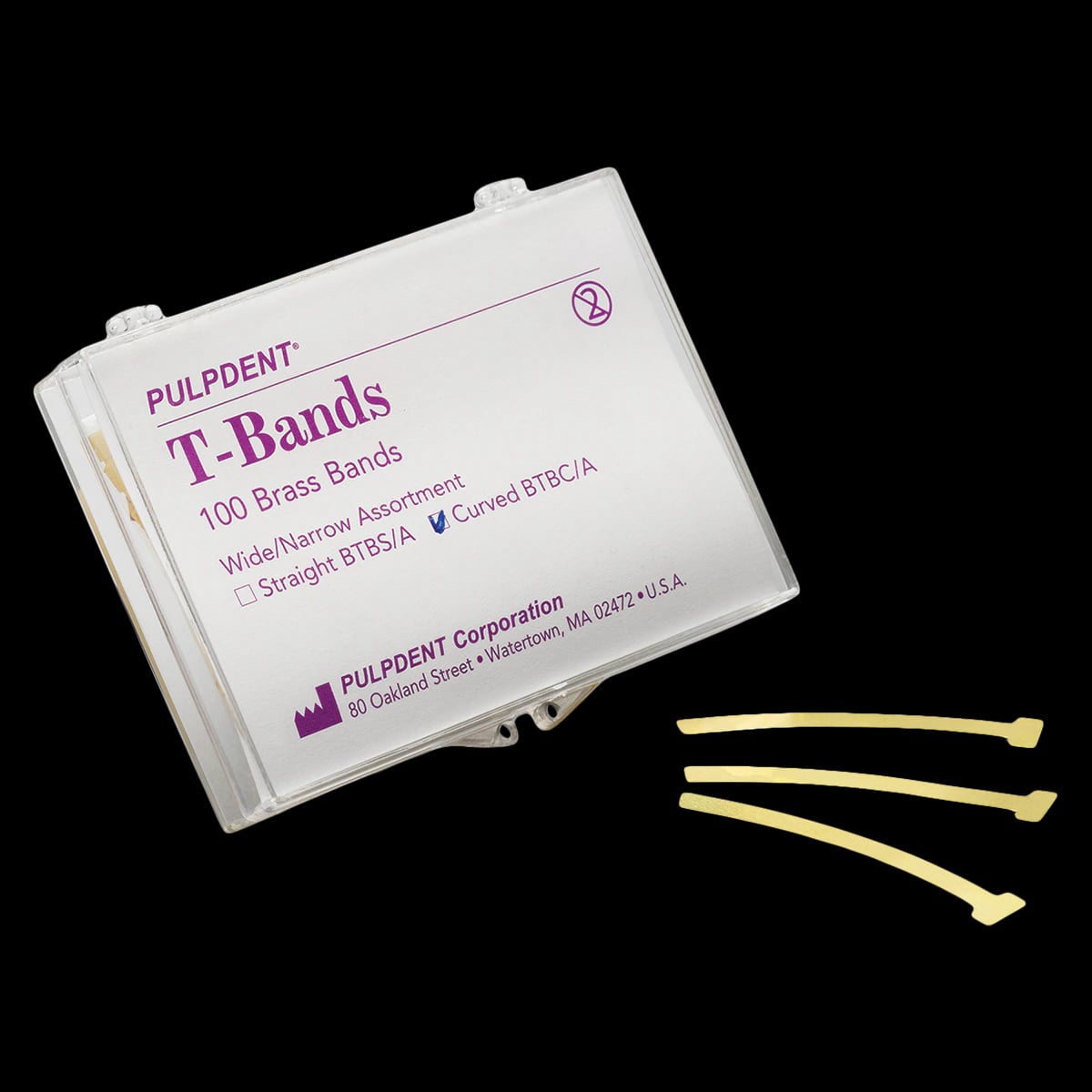 Pulpdent "T" Type Matrix Bands, Brass, Curved, Assorted, 0.002"/0.05mm Thick, 100/Box, BTBC/A