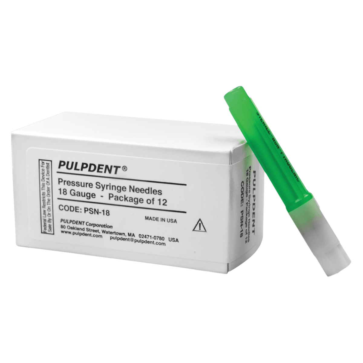 Pulpdent Pressure Syringe Needles, 18 Gauge x 1-1/4", Green, 12/Pack, PSN-18