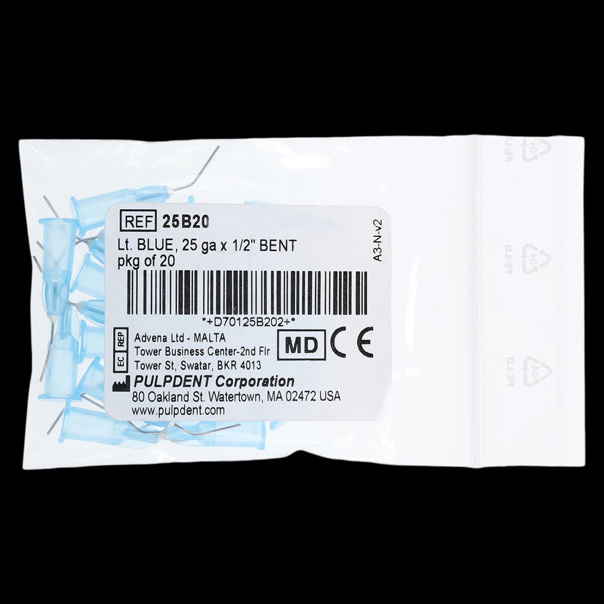 Pulpdent Prebent Applicator Tips, 25 Gauge x 1/2", Light Blue, 20/Pk, 25B20