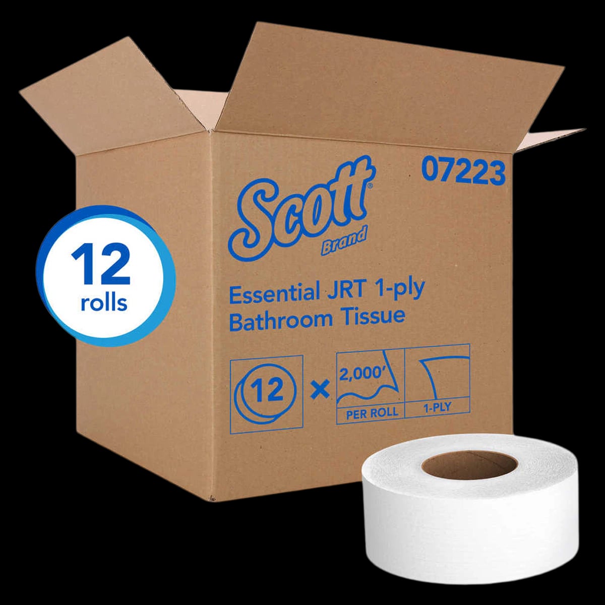 Scott JRT Jr. Jumbo Roll Bathroom Tissue, 1-Ply, White, 3.55 in x 2000 ft, 12 Rolls/Case, 07223
