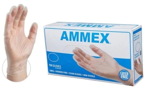 +Ammex Vinyl Exam Gloves, Powder Free, Non-Sterile, Medium, Clear, 100/Box