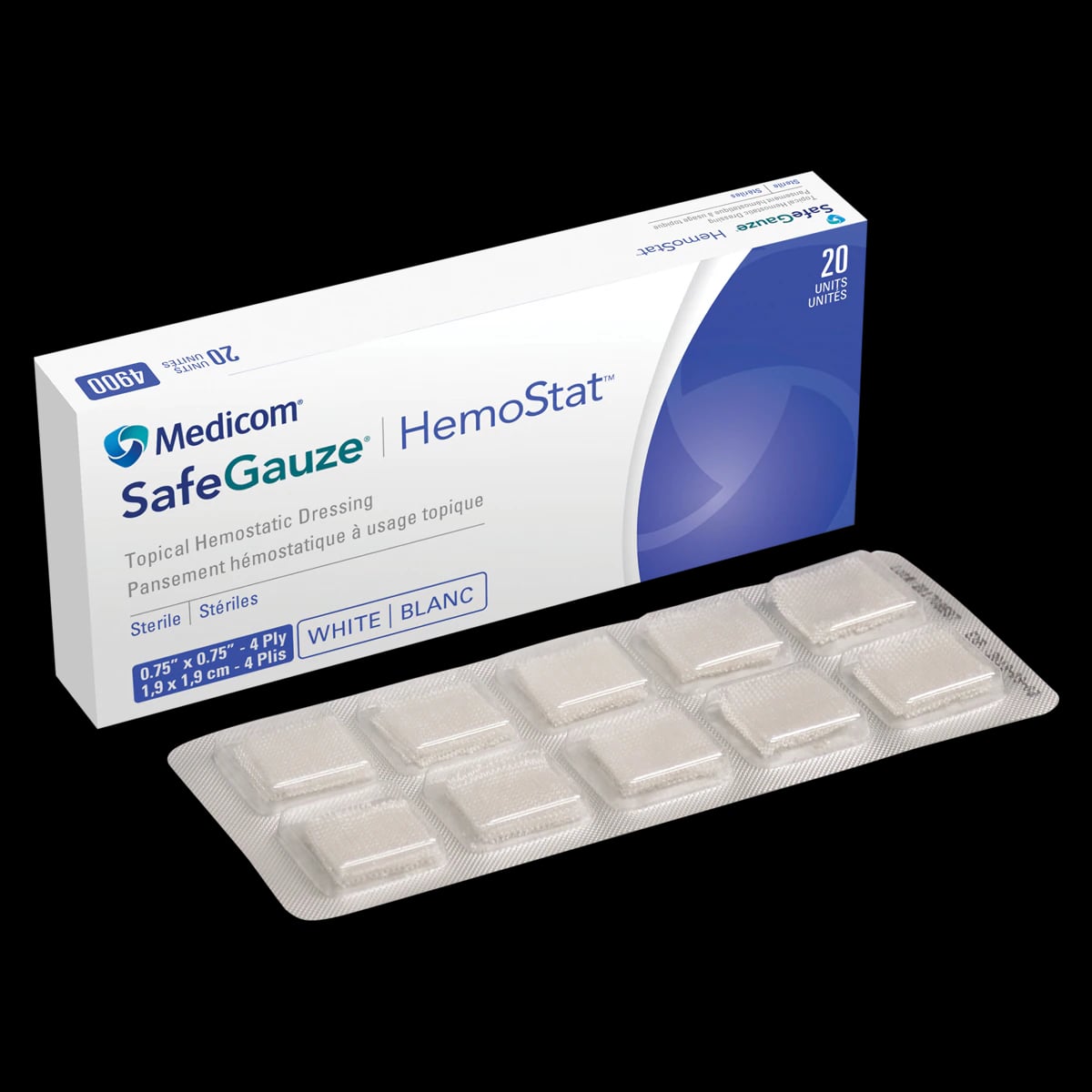 SafeGauze HemoStat Topical Hemostatic Dressing, 0.75" x 0.75", 4-Ply, 20/Box, 4900-STAT