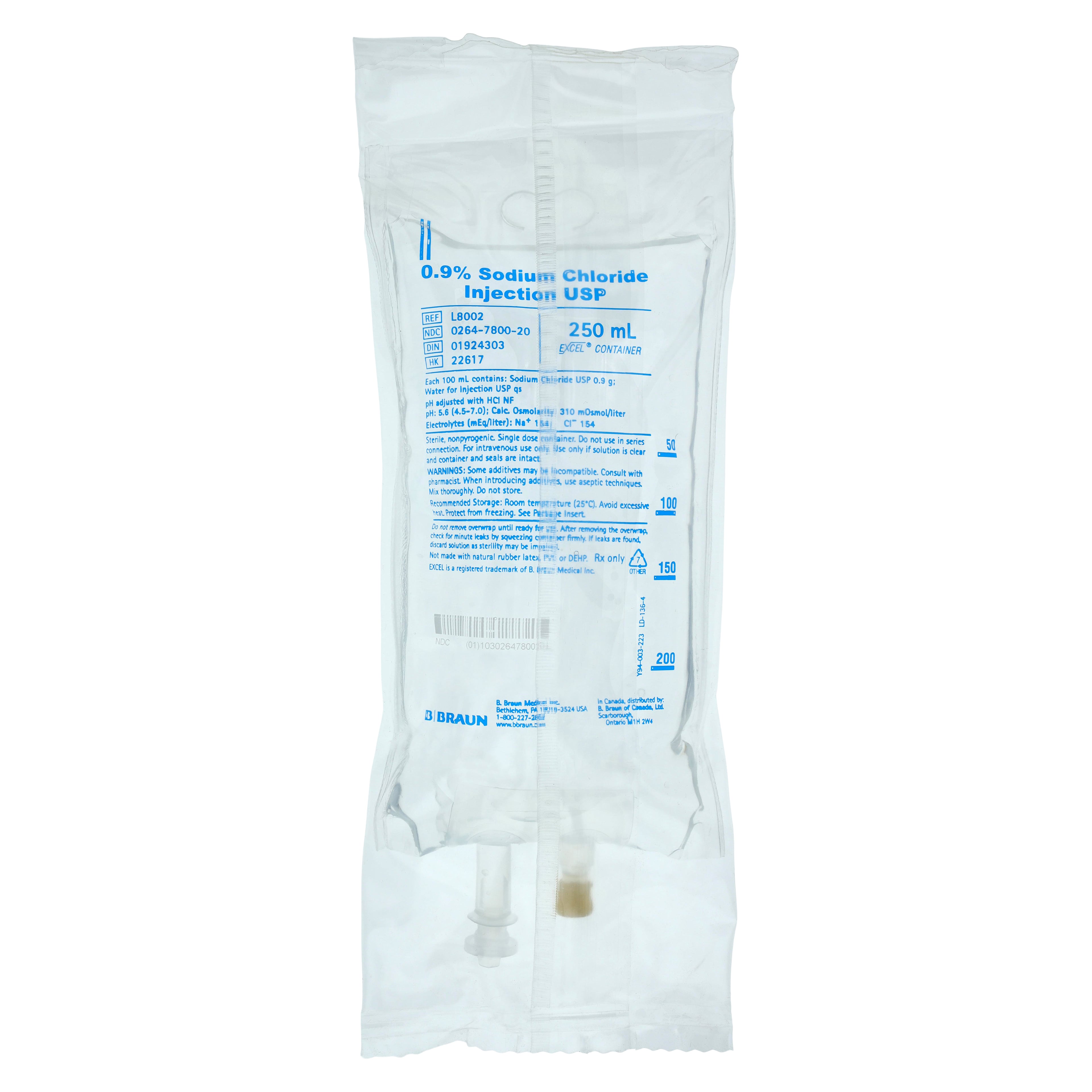 B. Braun 0.9% Sodium Chloride Injection, USP, 250 mL, PVC-Free/DEHP-Free EXCEL Plus Bag, L8002