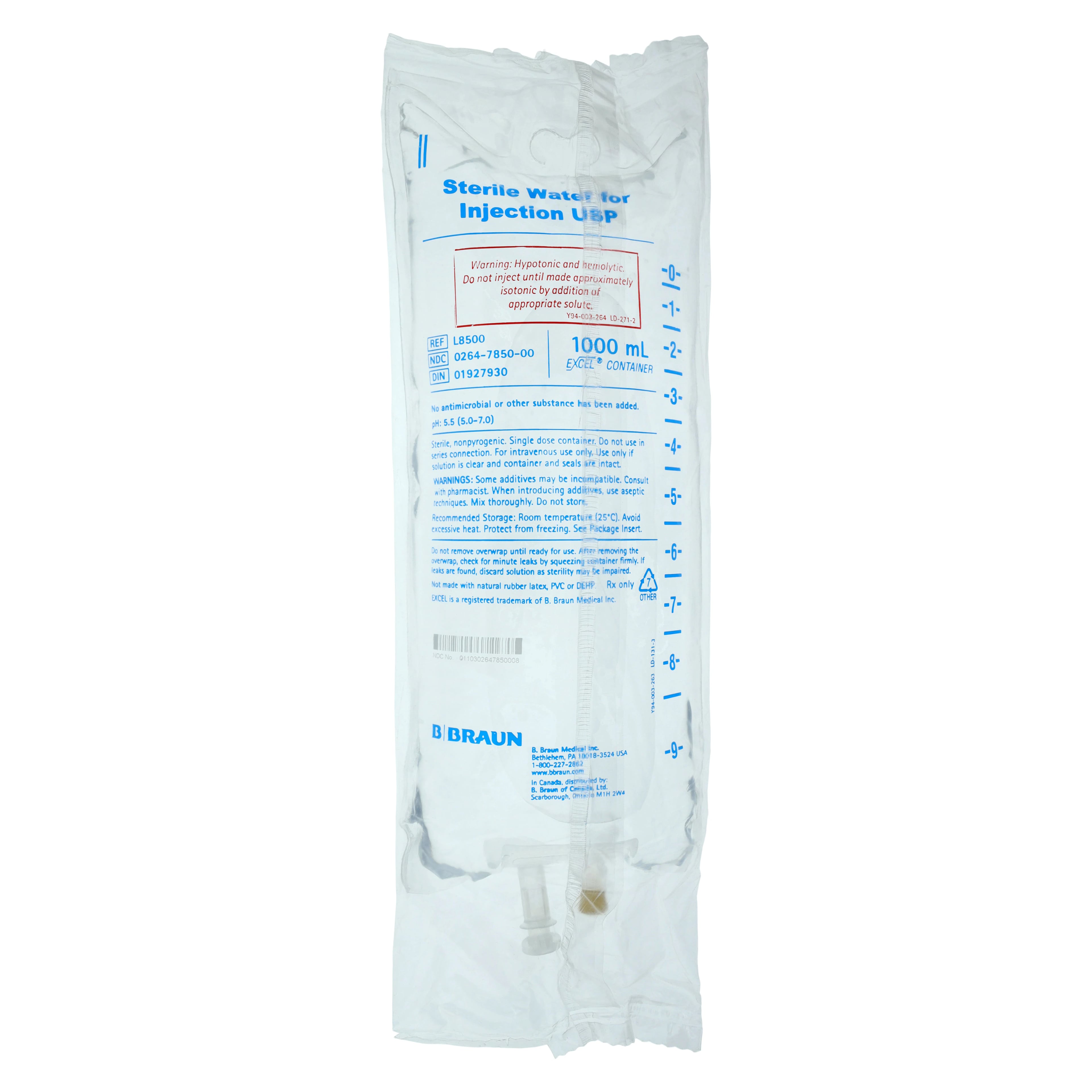 B. Braun Sterile Water for Injection USP, 1000 mL Excel Plastic Bag, PVC-Free & DEHP-Free, L8500