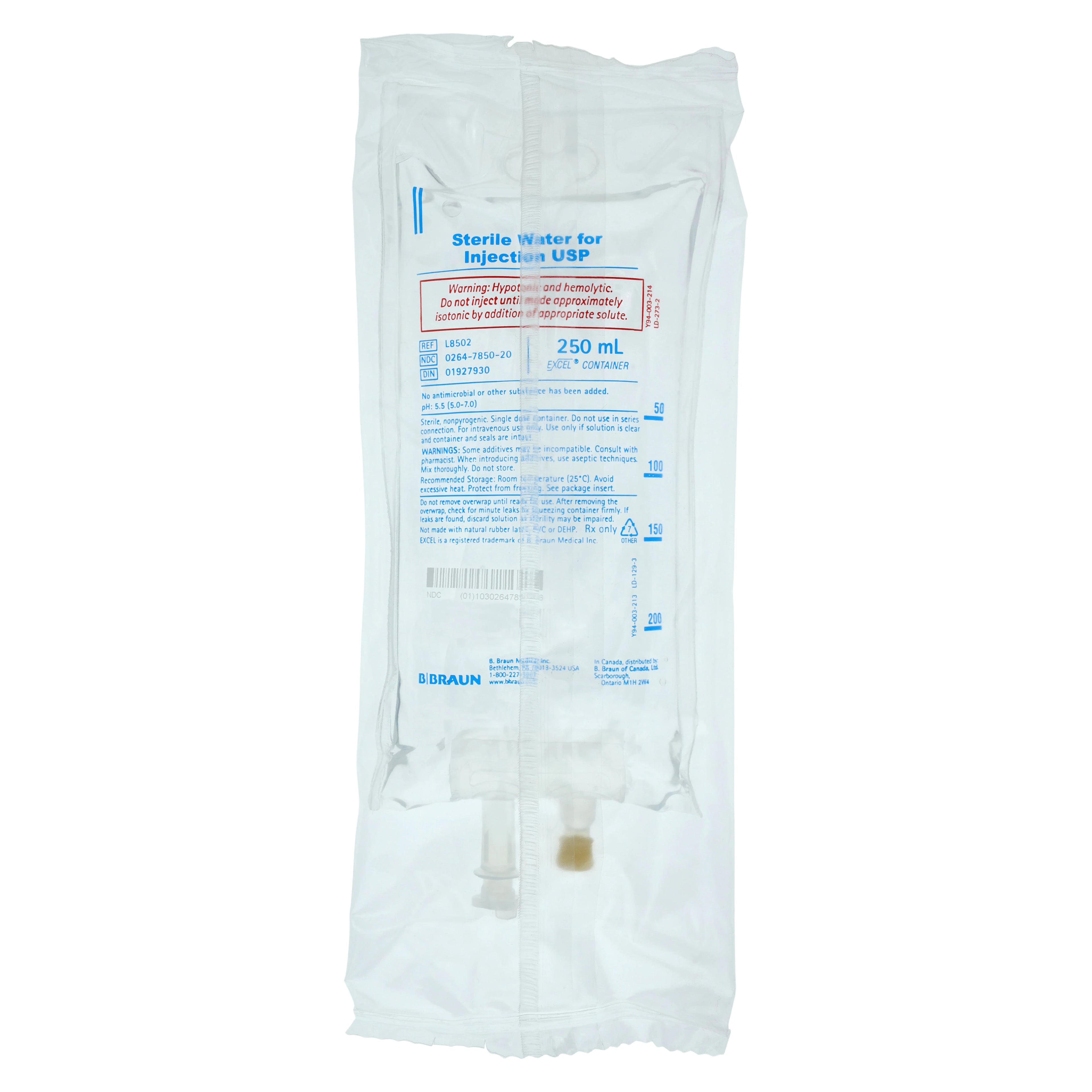 B. Braun Sterile Water for Injection, 250 mL Excel Plastic Bag, PVC-Free and DEHP-Free