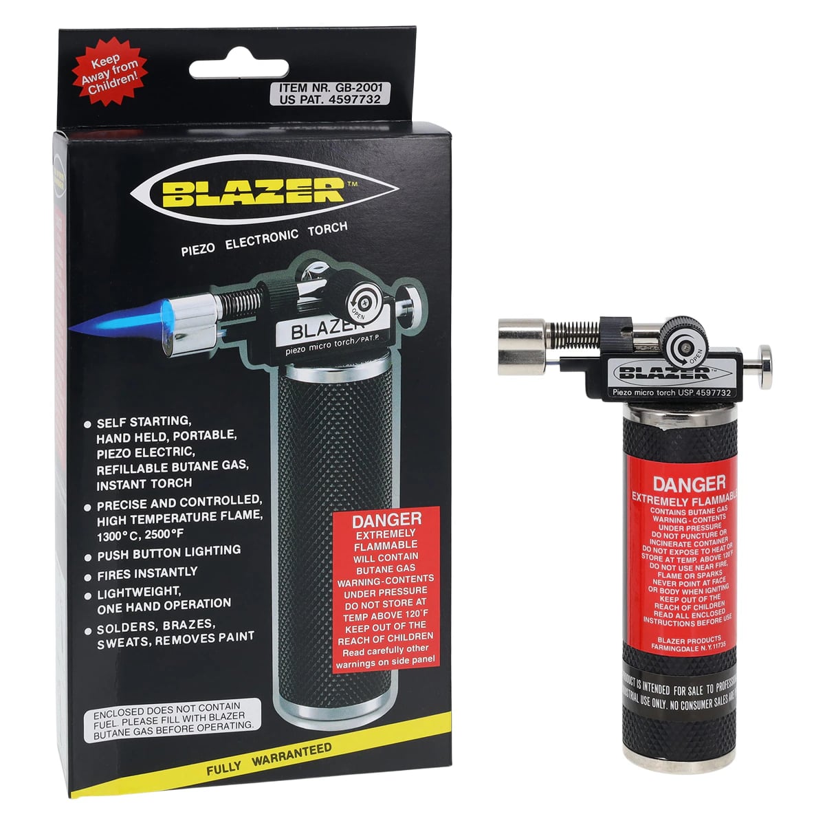 Blazer GB 2001 Butane Micro Torch, Piezo Ignition, 2500°F, GB-2001
