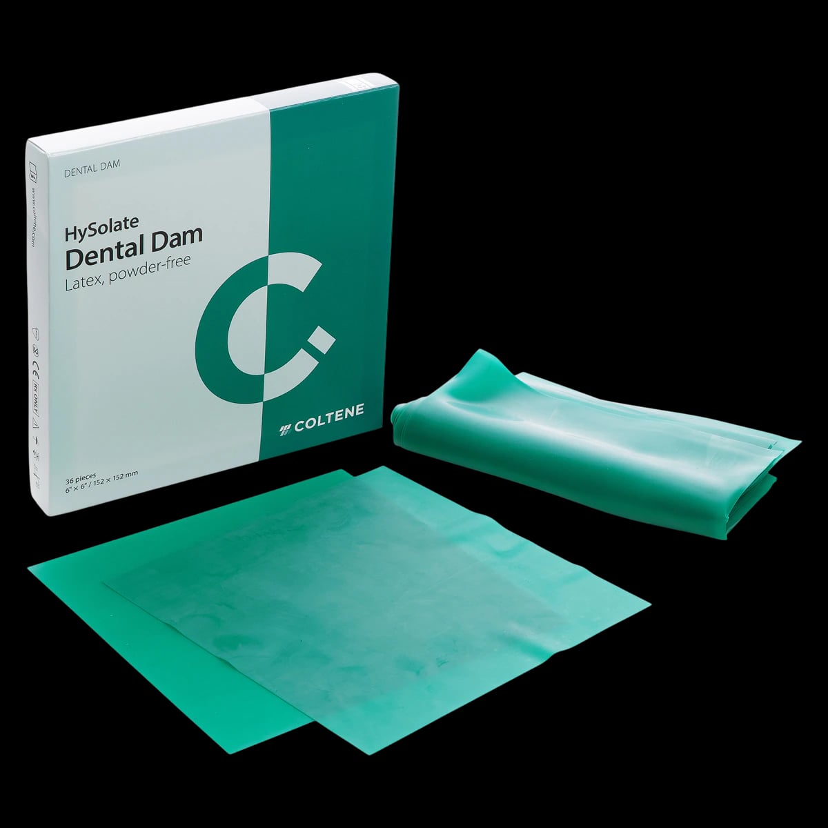 HySolate Latex Dental Dam, 5" x 5" (127 x 127 mm), Medium Gauge, Green, Unscented, Powder Free, 52/Box, 60034415
