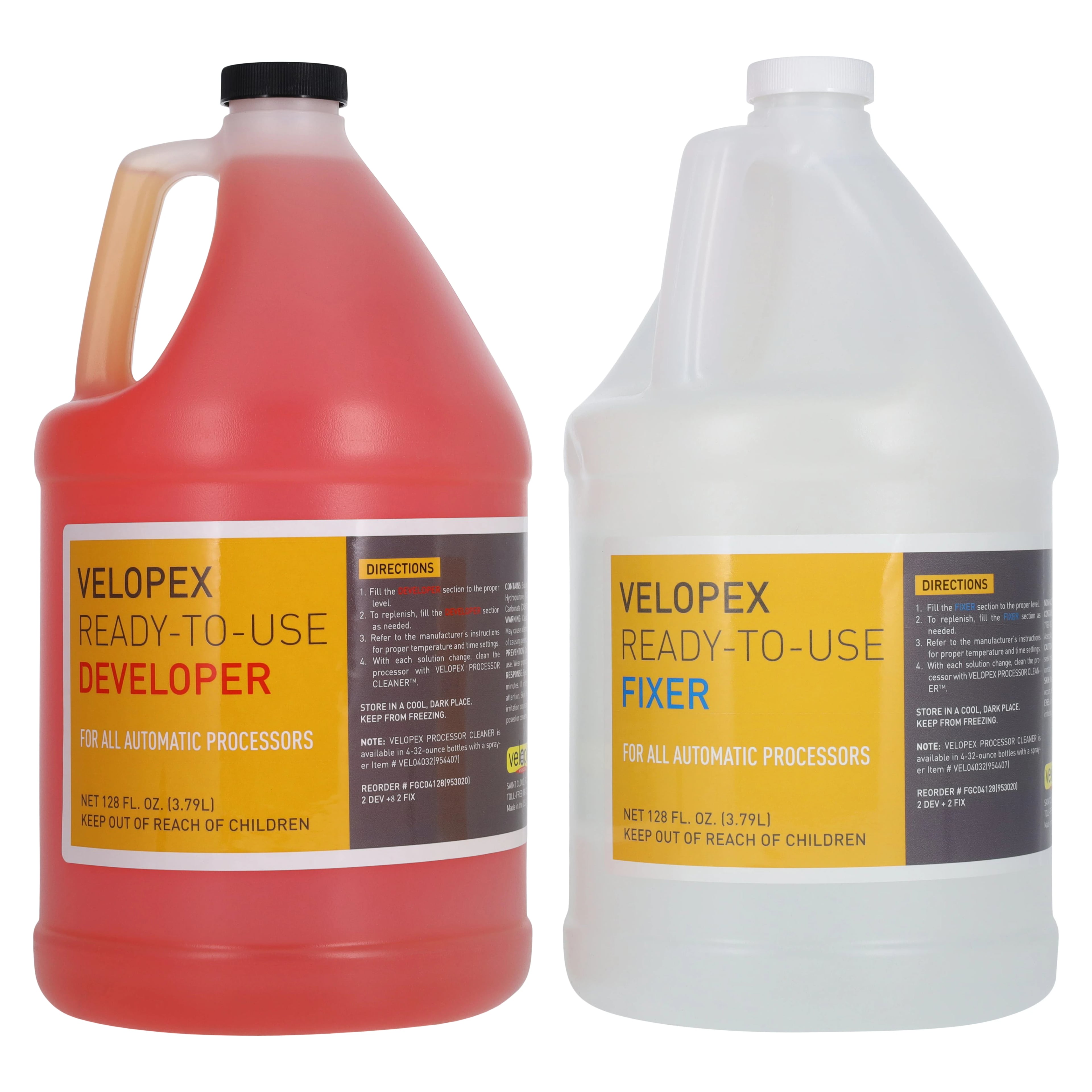 Velopex Ready-to-Use Developer & Fixer, 2 Gallons Developer + 2 Gallons Fixer, 4/Case, FGC04128