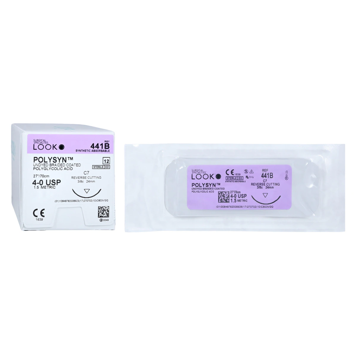 LOOK™ PolySyn™ Absorbable Suture, 4-0 PGA Braided, Undyed, C-7 Reverse Cutting Needle, 24 mm, 3/8 Circle, 27" (70 cm), 12/Box, 441B