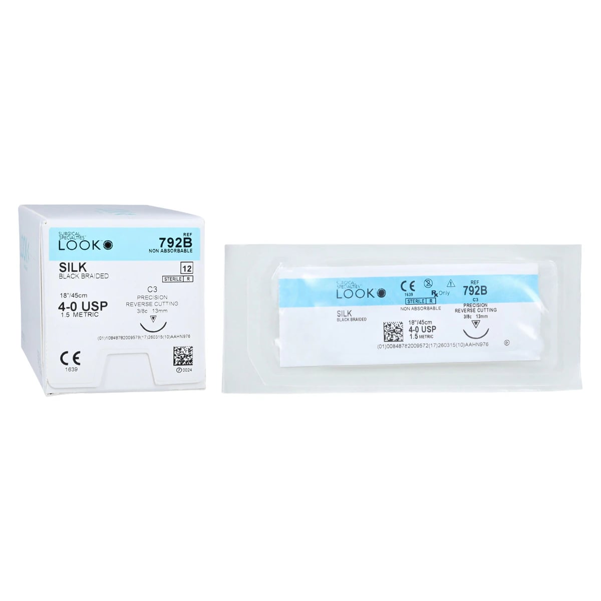 LOOK Sharpoint Silk Suture, 4-0, Black Braided, Non-Absorbable, C-3 Precision Reverse Cutting Needle, 3/8 Circle, 13mm, 18" (45cm), 12/Box, #792B