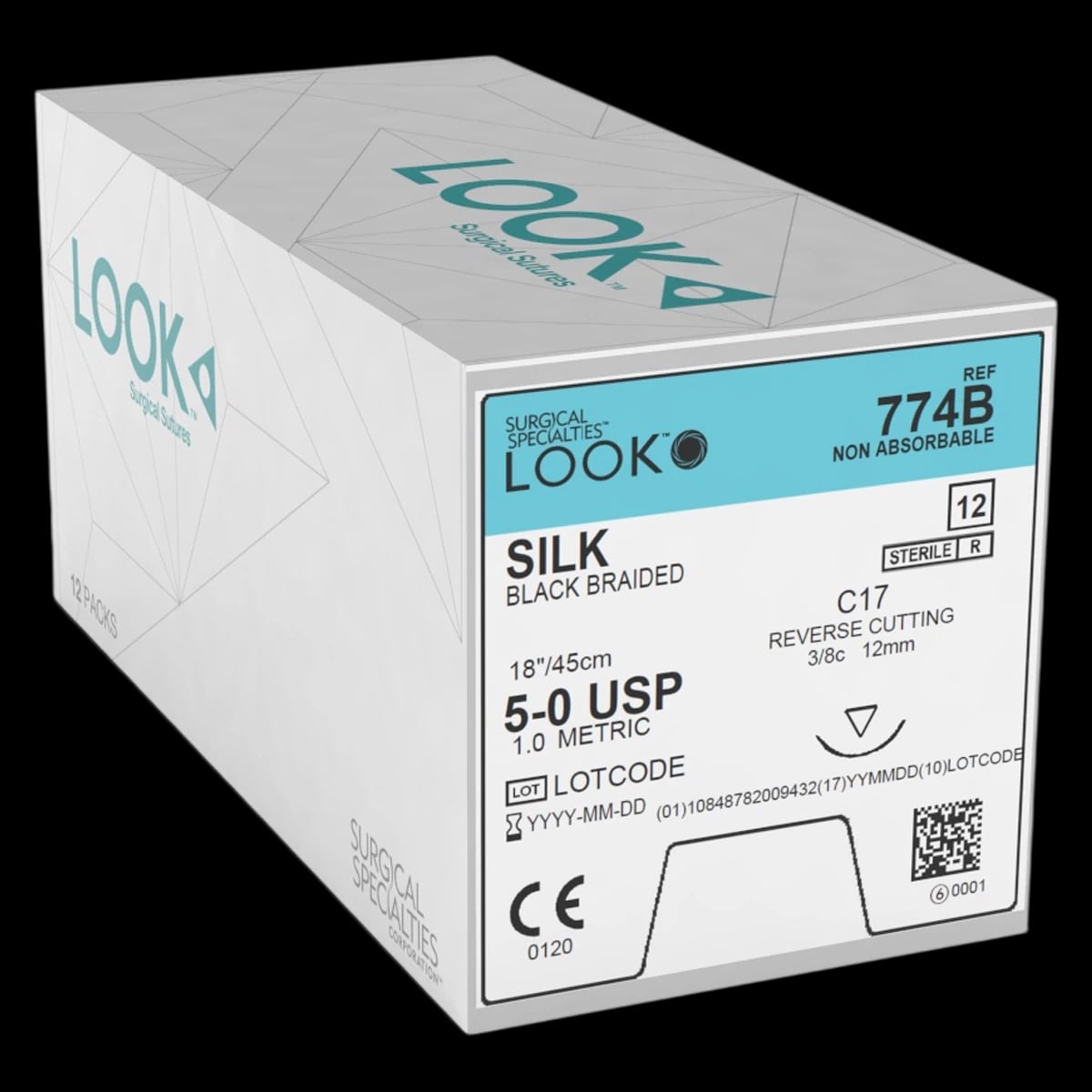 LOOK™ Sharpoint™ Silk Black Braided Non-Absorbable Suture, 5-0, 18", C-17 Reverse Cutting 3/8 Circle Needle, 12/Box, 774B
