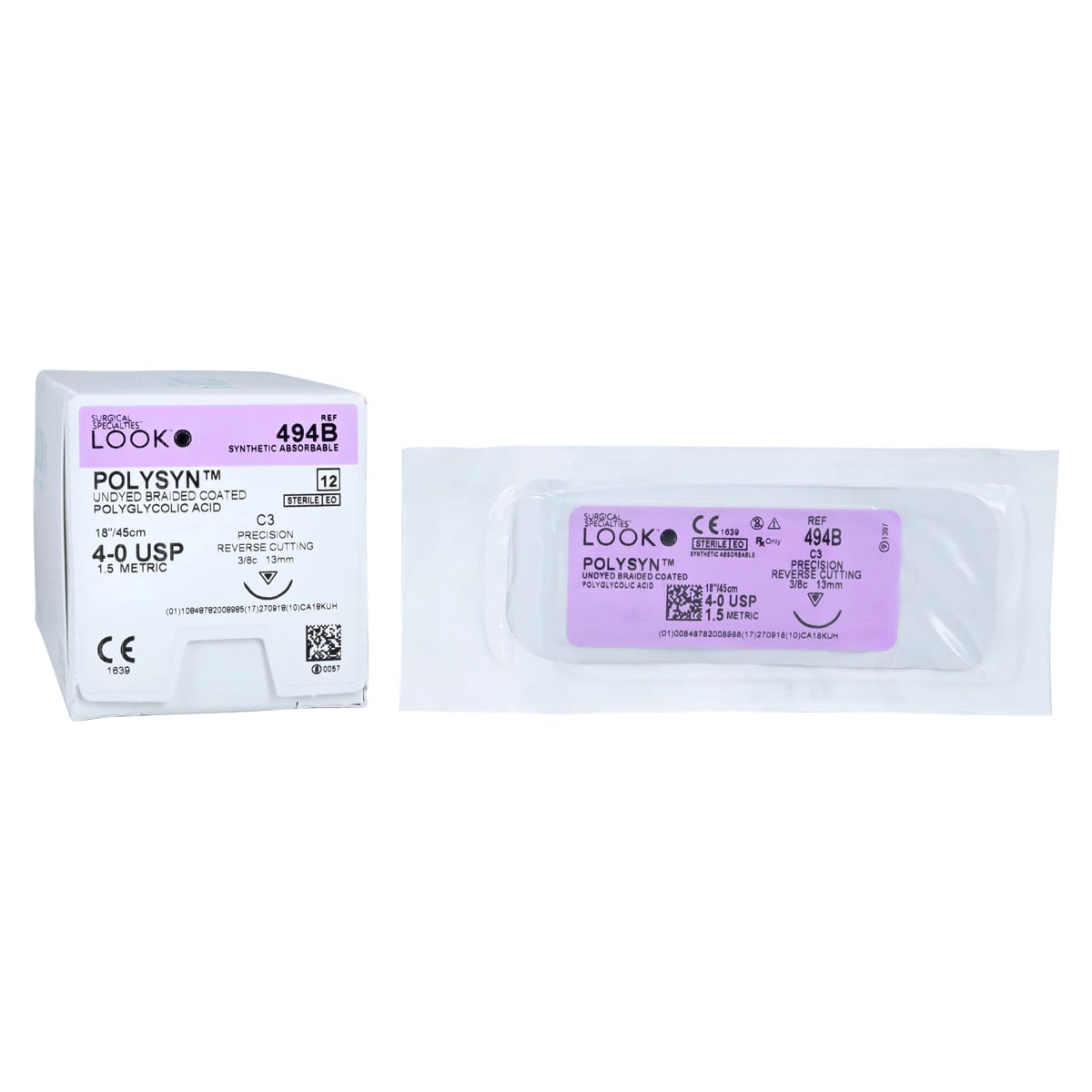 LOOK™ PolySyn™ Absorbable Braided Suture, Polyglycolic Acid (PGA), Undyed, 4-0, C-3 Precision Reverse Cutting Needle, 3/8 Circle, 13mm, 18", 12/Pk, 494B