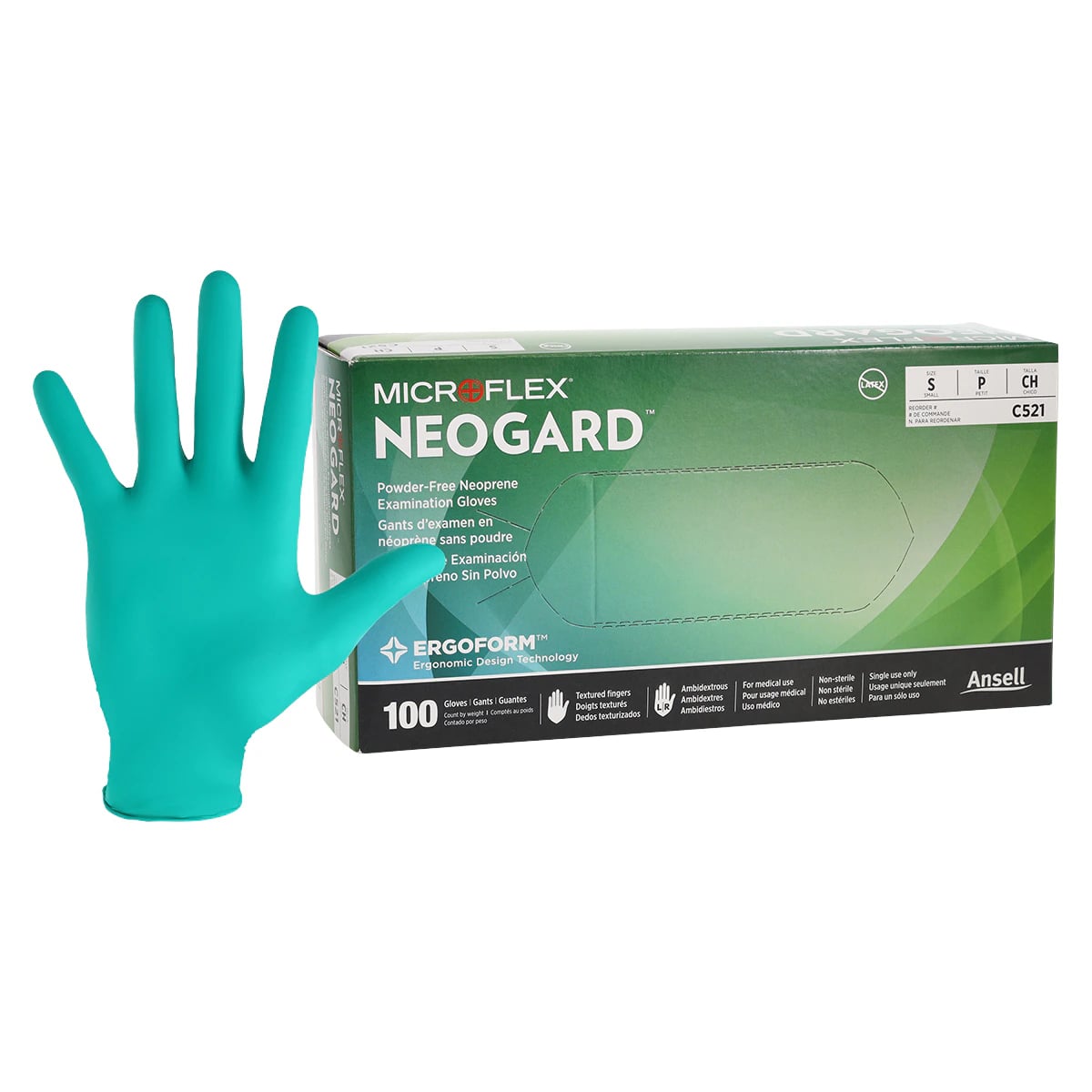 Microflex Neogard C52 Chloroprene Exam Gloves, Powder-Free, Non-Sterile, Small, Green, 100/Box, C521