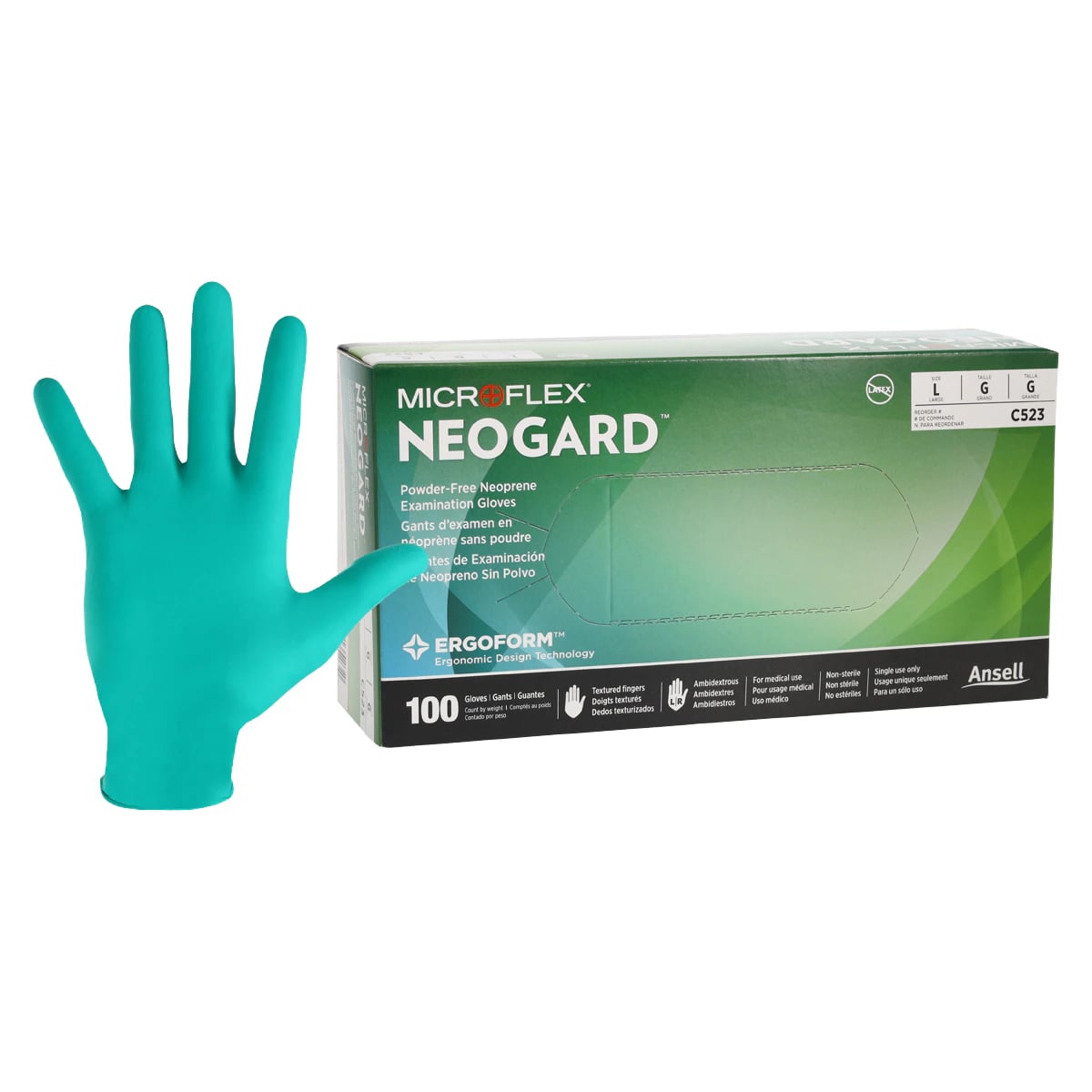Microflex Neogard Chloroprene Powder-Free Exam Gloves, Green, Large, 100/Box, C523