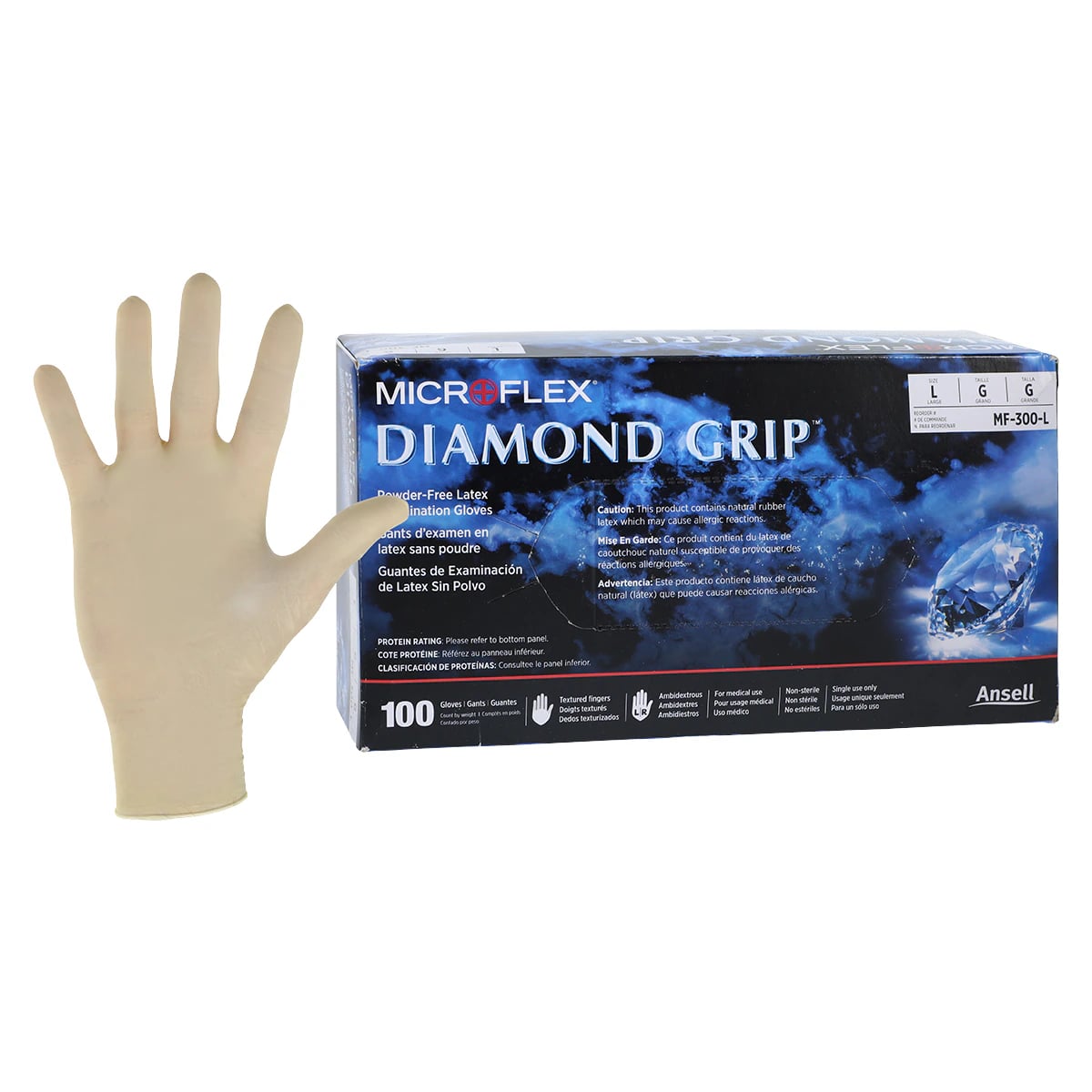 Microflex Diamond Grip MF-300 Powder-Free Latex Exam Gloves, Large, Natural, 100/Box, MF-300-L