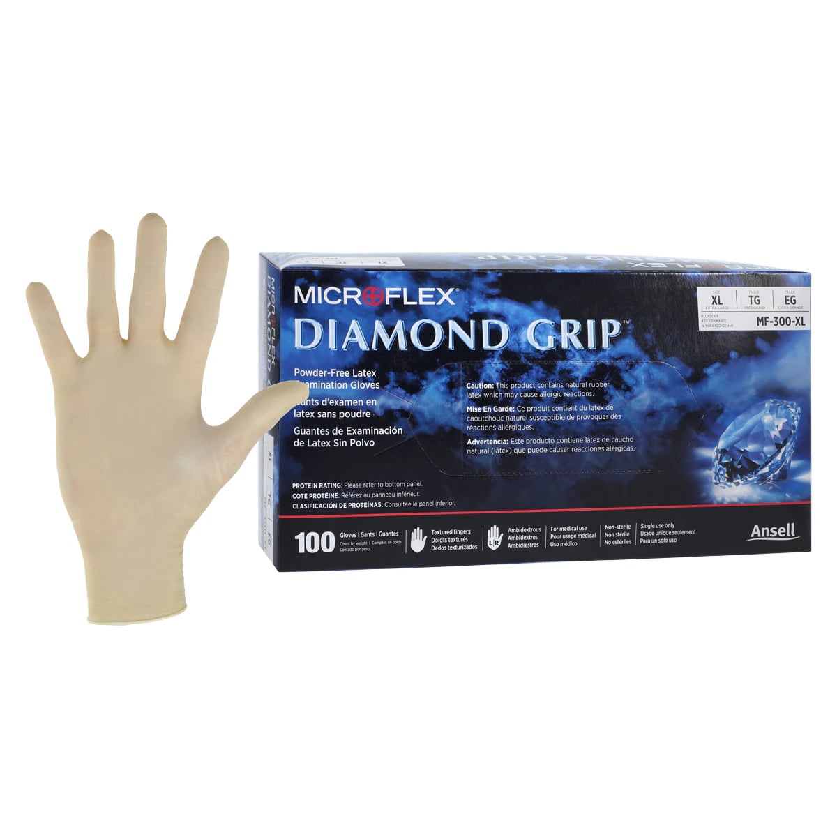 Microflex Diamond Grip MF-300 Powder-Free Latex Exam Gloves, Extra Large, Natural, 100/Box, MF-300-XL
