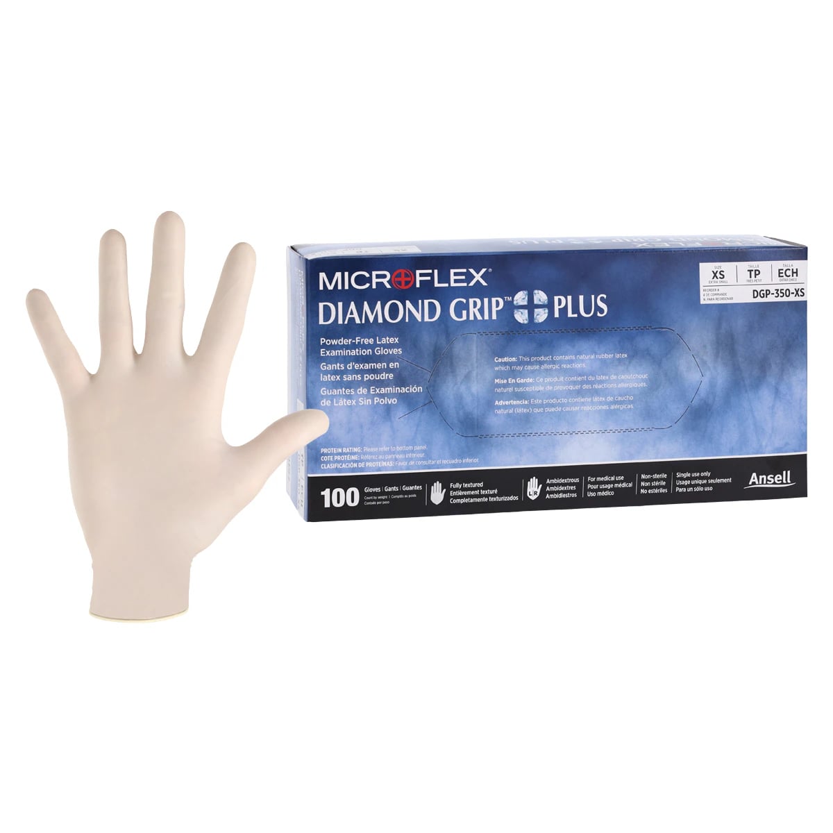 Microflex Diamond Grip Plus DGP-350 Powder-Free Latex Exam Gloves, Extra Small, Natural, 100/Box, DGP-350-XS