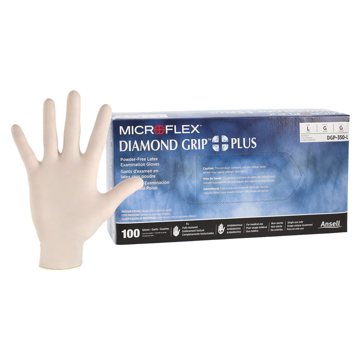 Microflex Diamond Grip Plus DGP-350 Powder-Free Latex Exam Gloves, Large, Natural, 100/Box, DGP-350-L